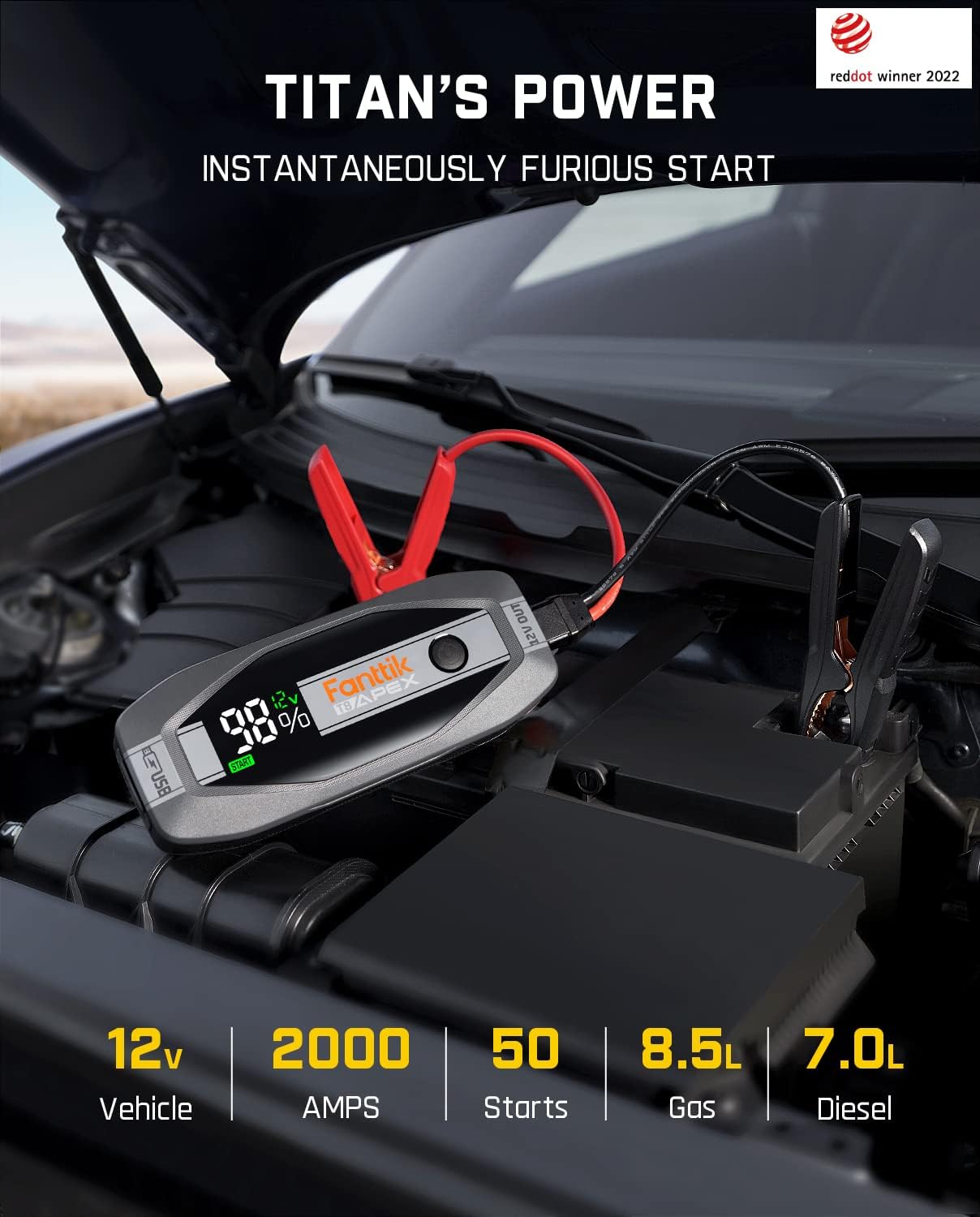 Fanttik T8 APEX 2000 Amp Jump Starter, 20000mAh Car Battery Pack for Up