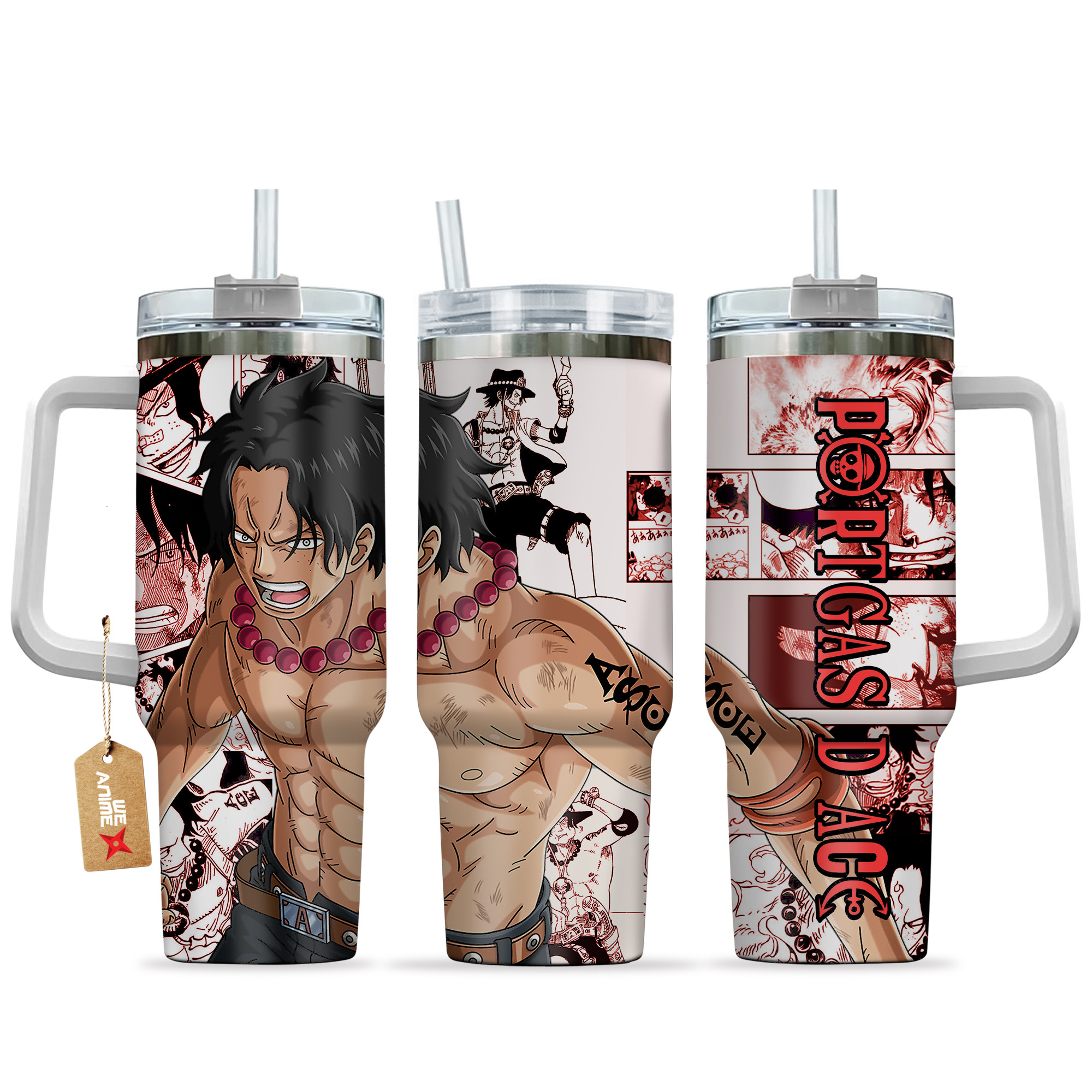 Portgas D Ace Anime 40oz Tumbler Cup With Handle Manga Art Name