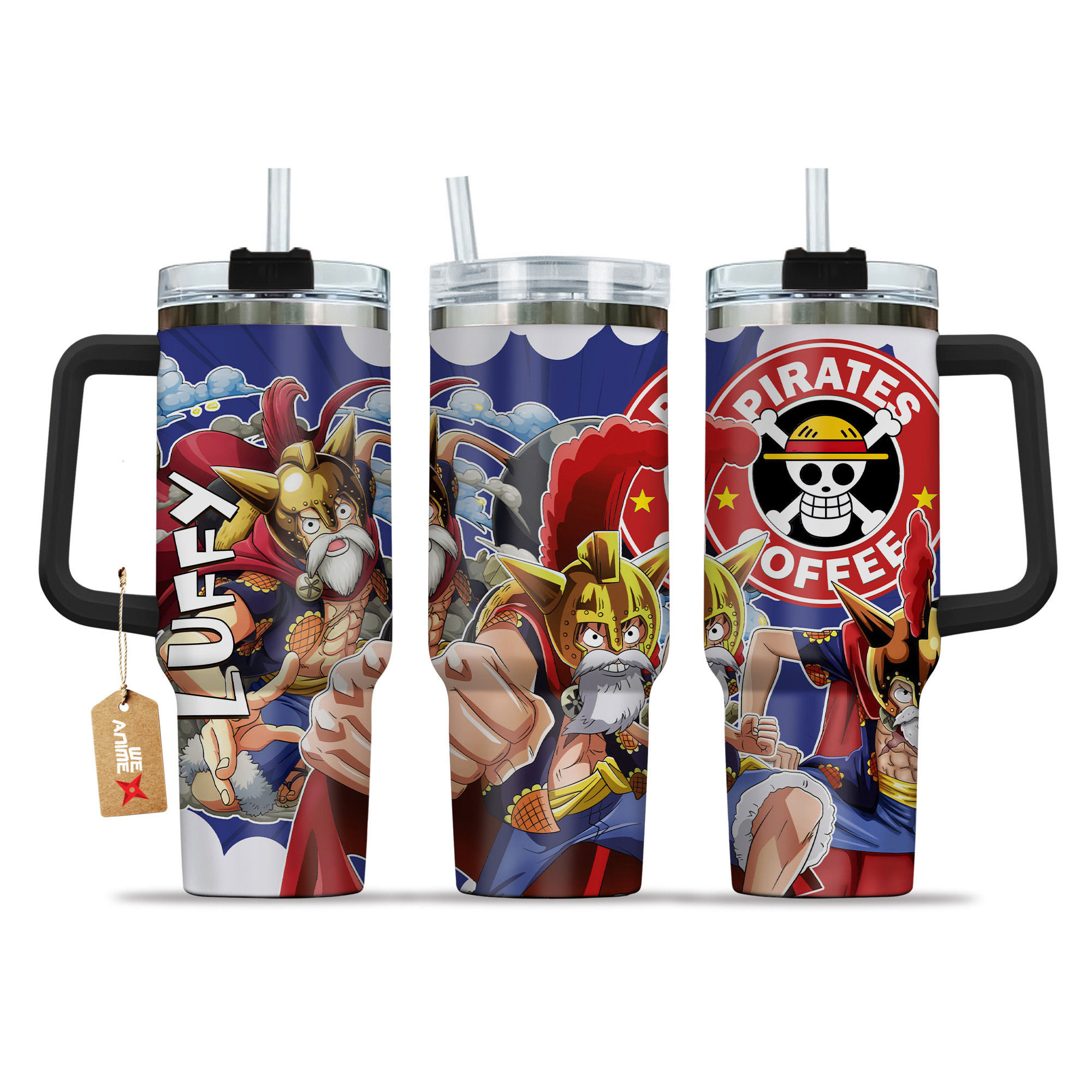 Monkey D. Luffy Dressrosa Arc Name Coffee 40oz Tumbler Cup With Handle Anime
