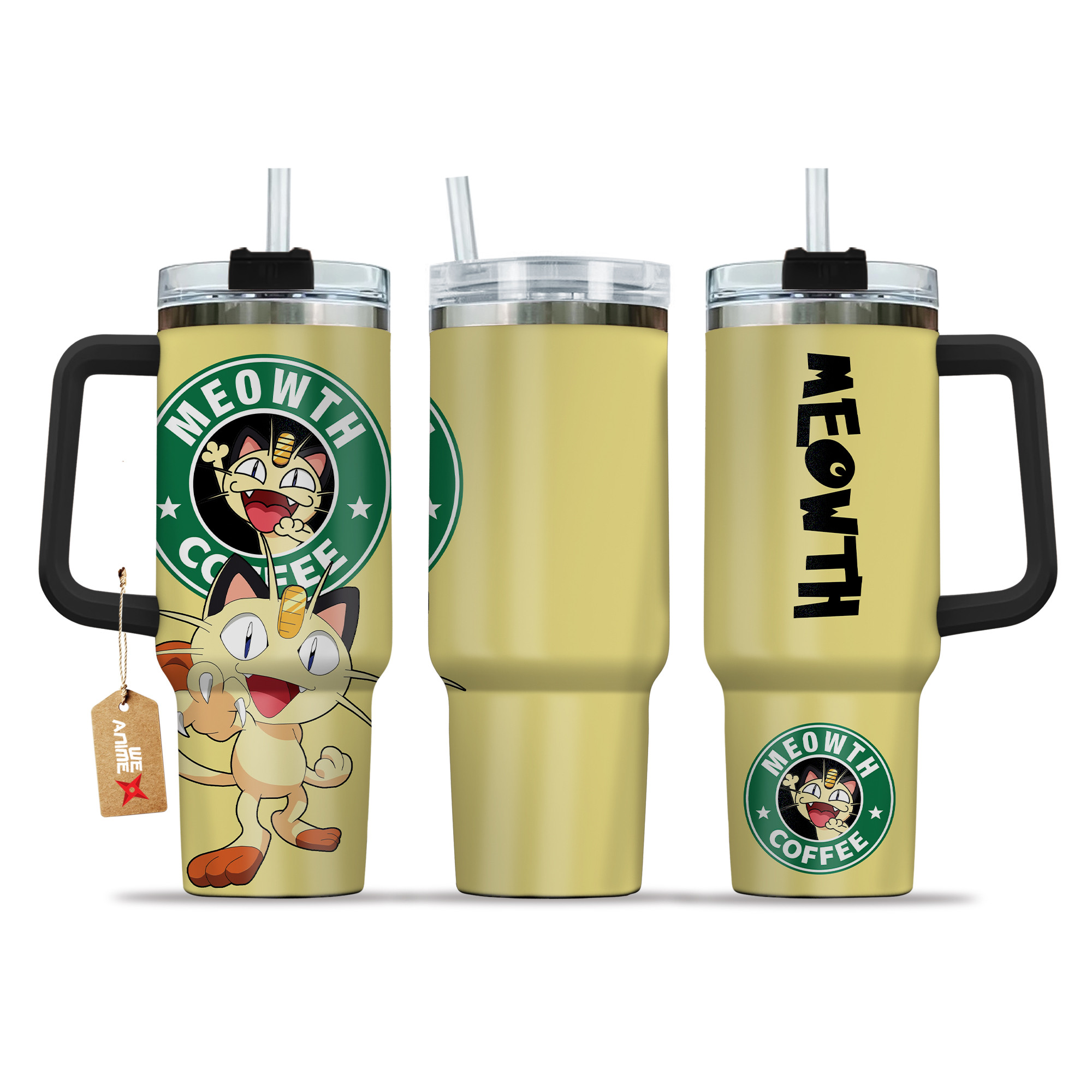 Pokemon Meowth Coffee 40oz Tumbler Cup With Handle Anime Accessories