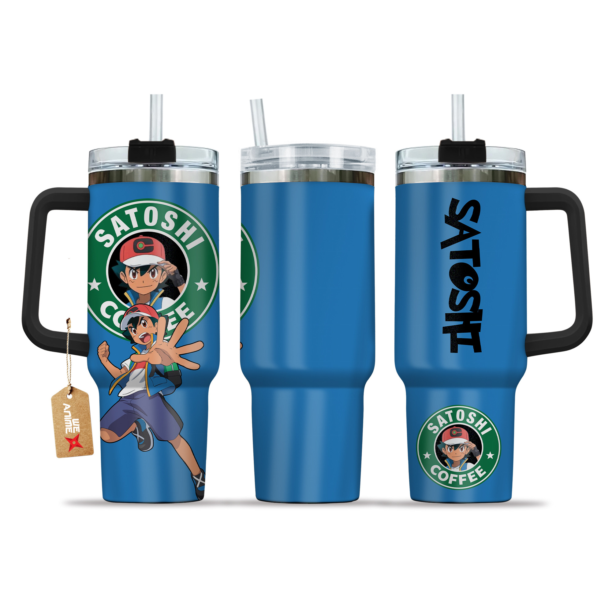Pokemon Ash Ketchum Satoshi Coffee 40oz Tumbler Cup With Handle Anime Accessories