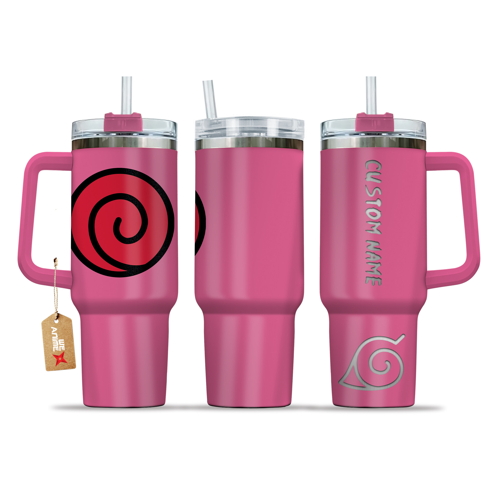 Uzumaki 40oz Pink Tumbler Cup Handle Printed and Engraved