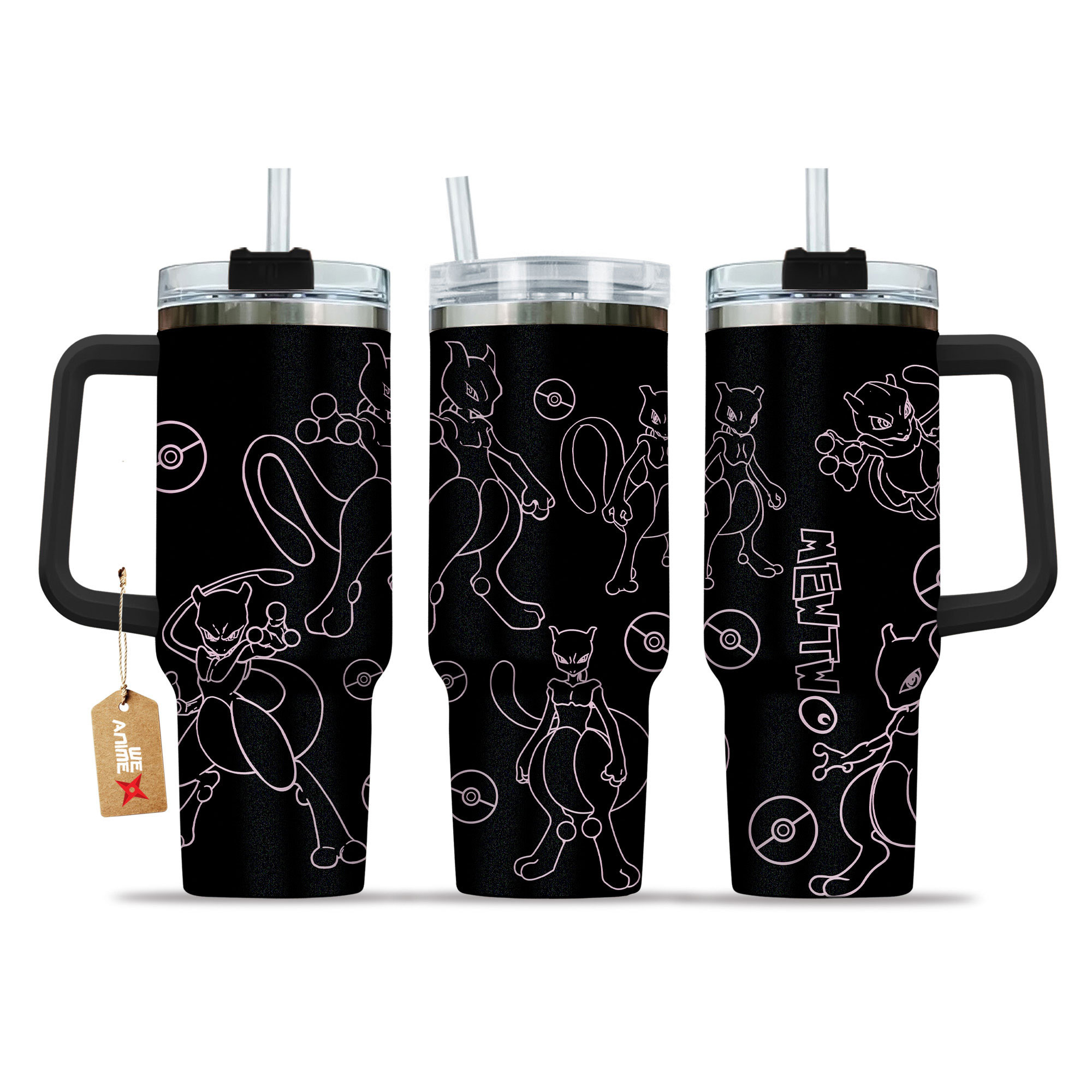 Mewtwo 40oz Tumbler Cup With Handle Name