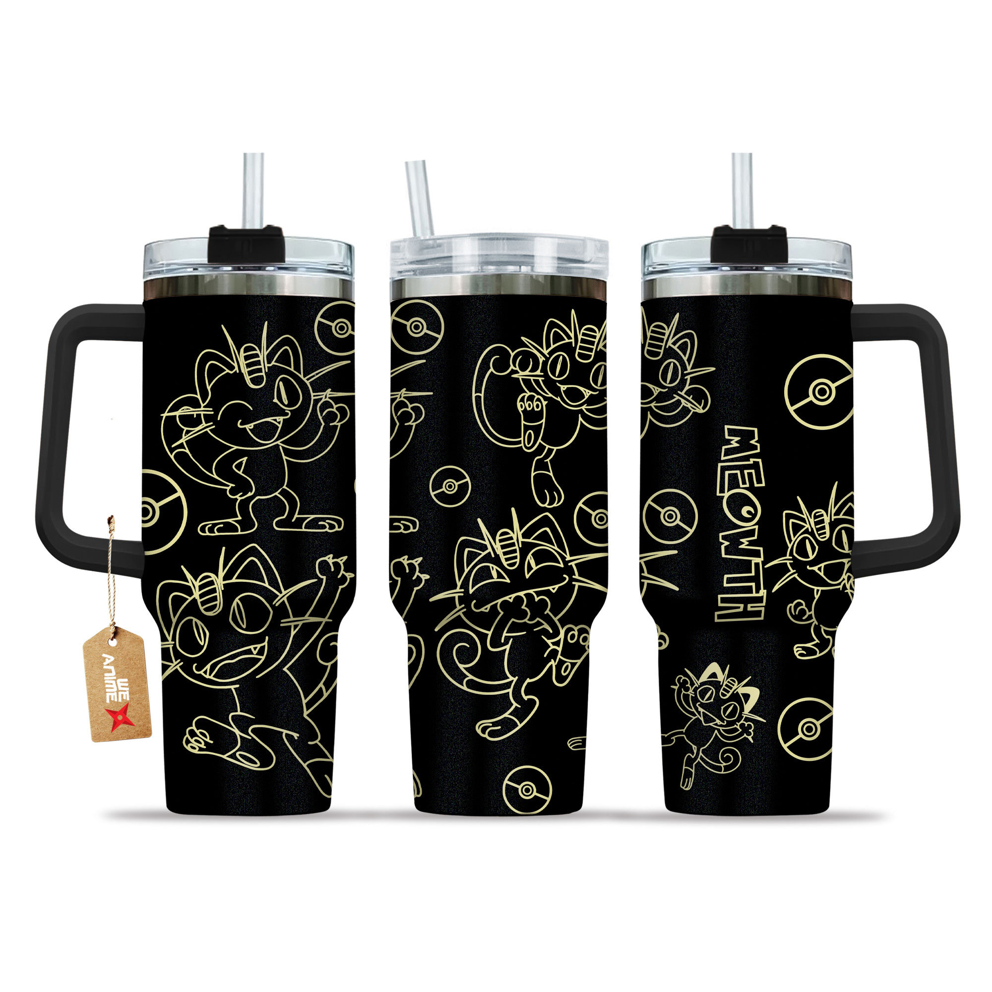 Meowth 40oz Tumbler Cup With Handle Name