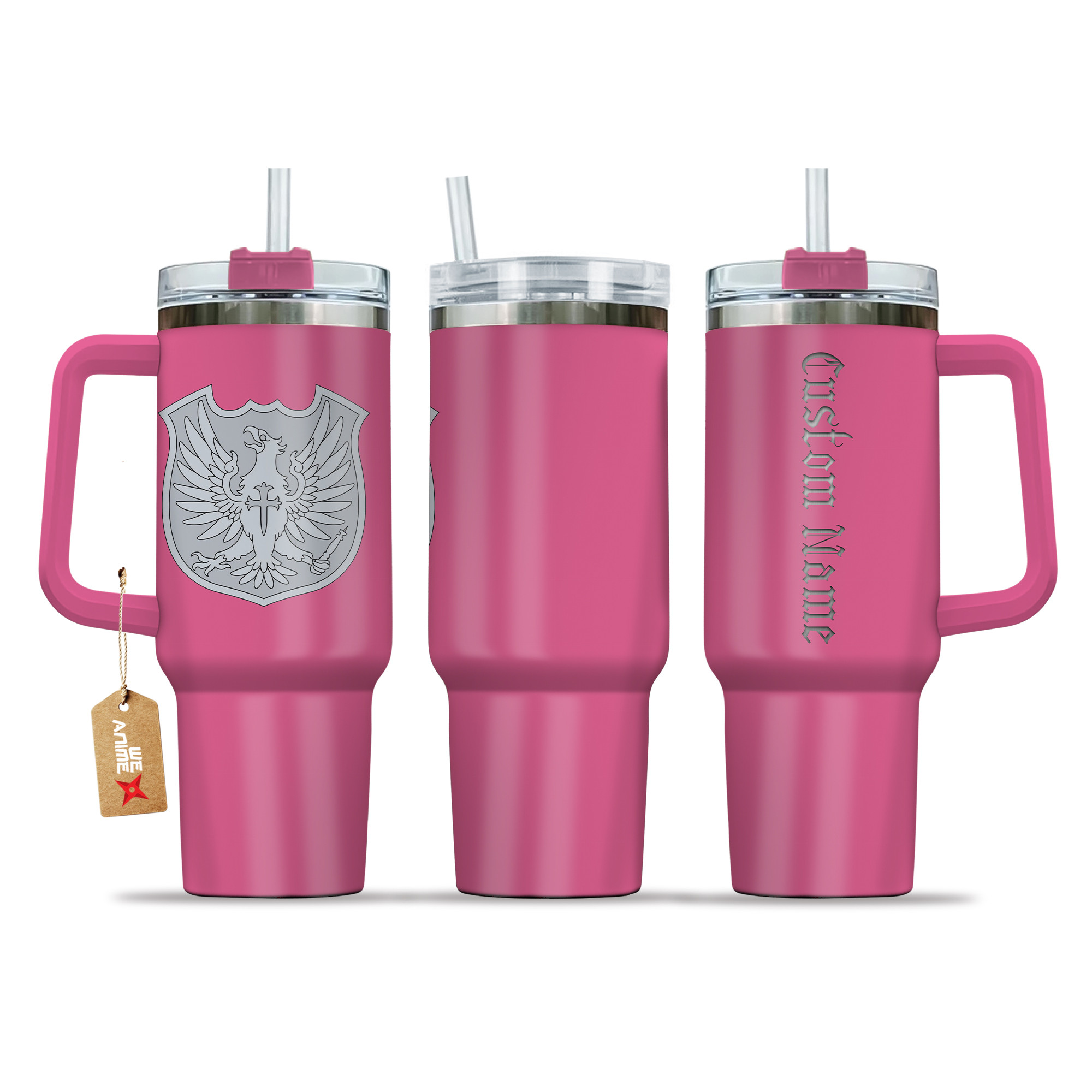 Silver Eagle 40oz Pink Tumbler Cup Handle Printed and Engraved