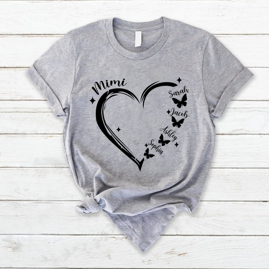 Mimi and Grandkids Hearts Butterfly Mother's Day Black T-Shirt