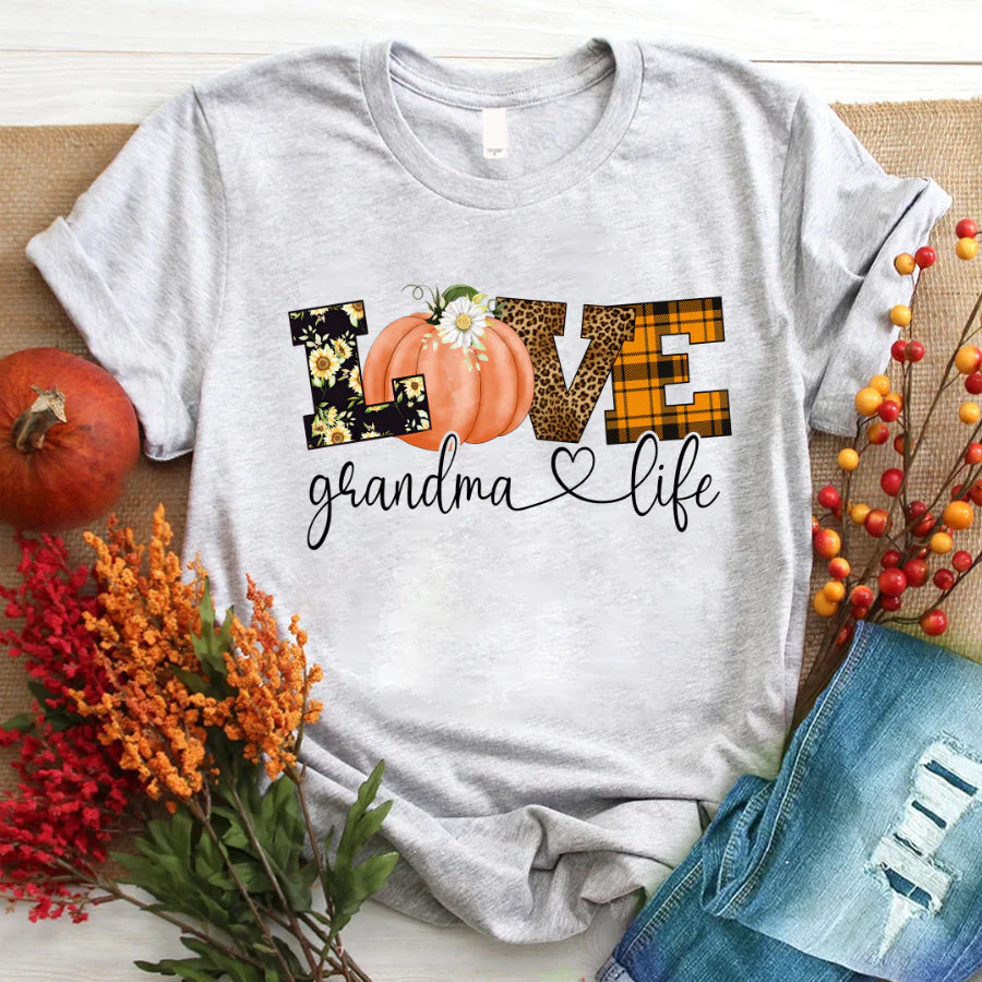Love Grandma Life Fall Season Pumpkin T-Shirt