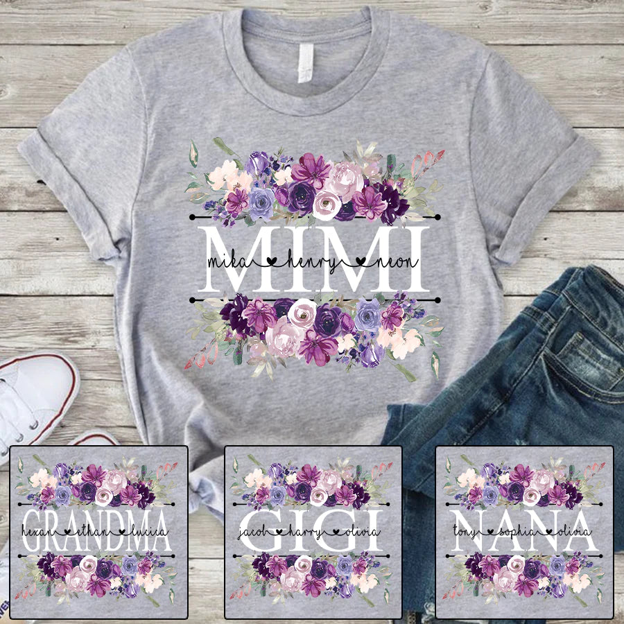 Mimi Purple Flower And Grandkids T-Shirt