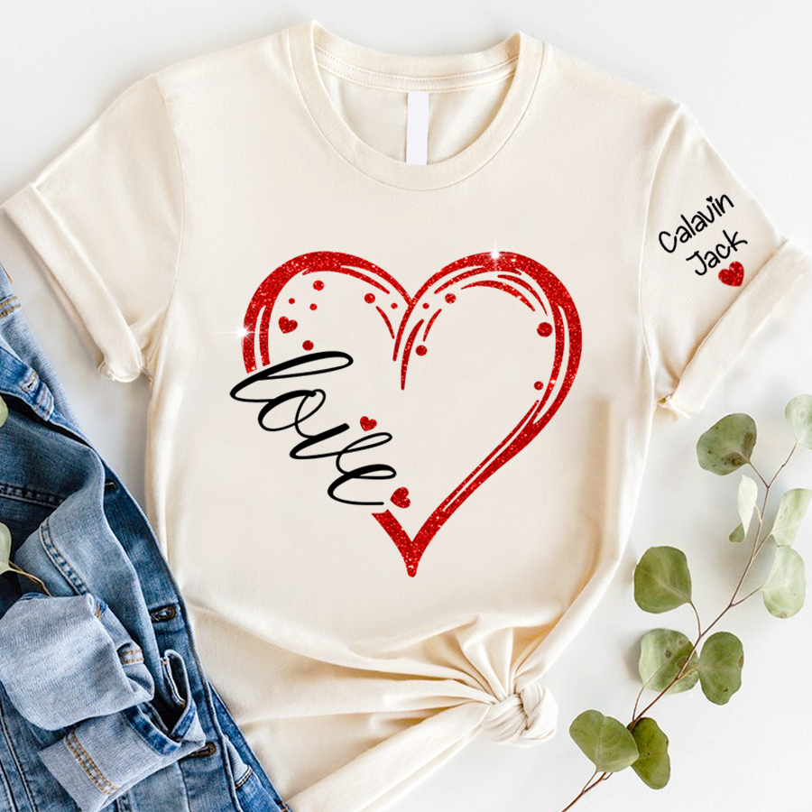 Love hearts Glitter Shirt, Custom Name With Kids T- Shirt