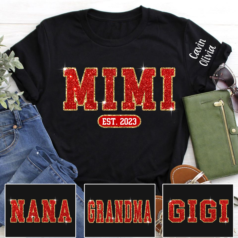 Mimi Est Red Glitter Shirt, Custom Mimi Est With Kids, Grandma Gift TH