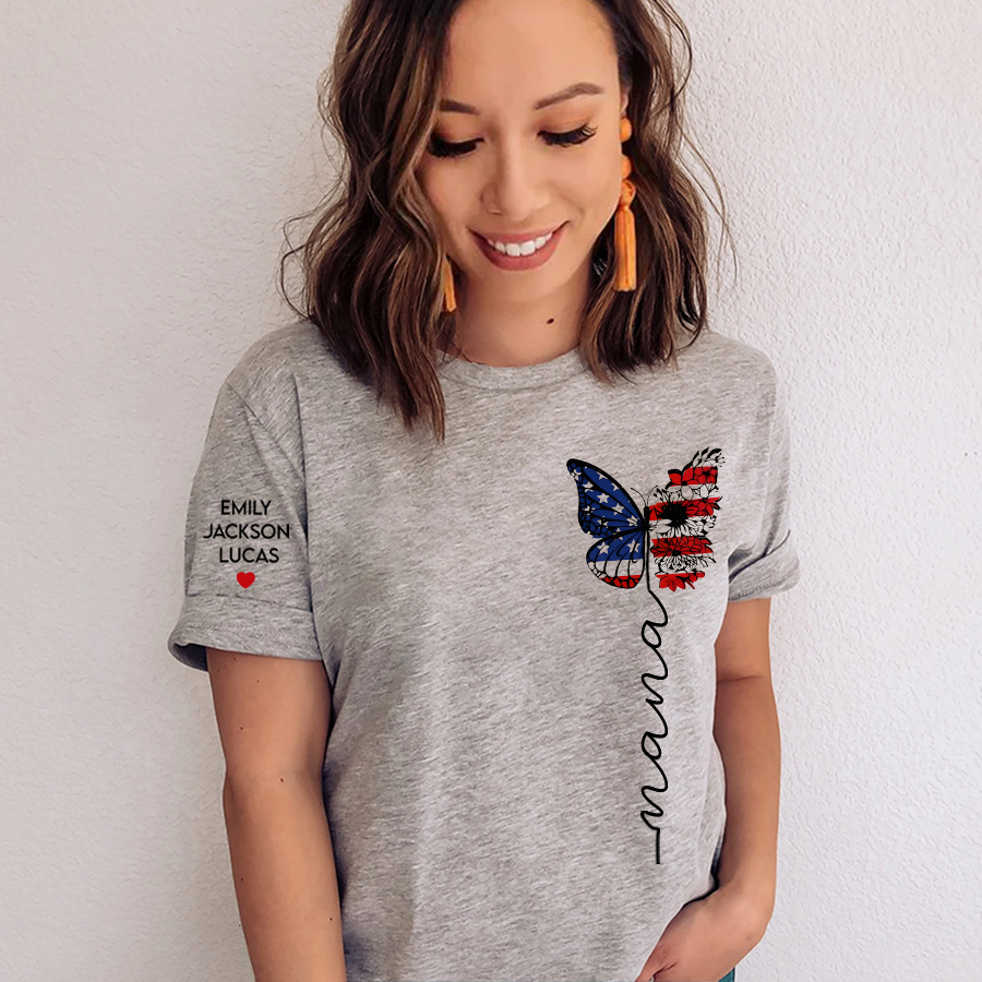 Nana American Flag Butterfly and grandkids T-Shirt