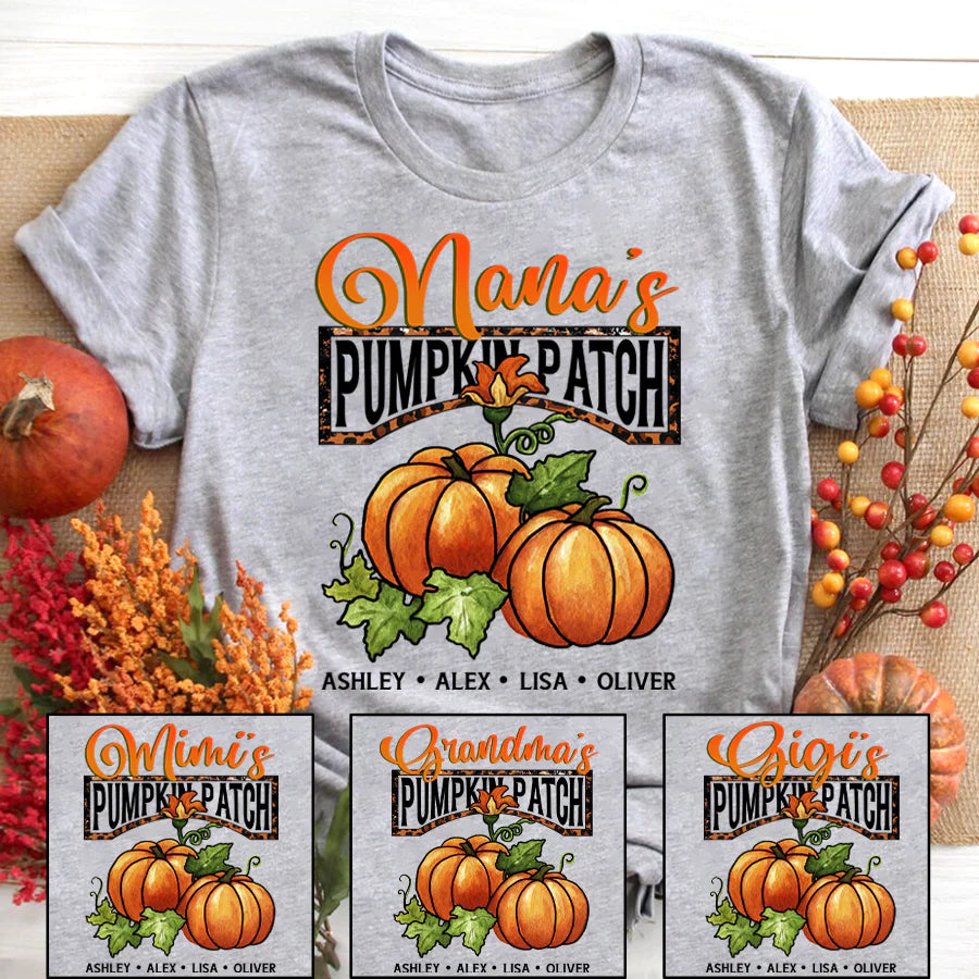 Nana's Pumpkin Patch Fall Leopard Pumpkin With Grandkids Names T-Shirt