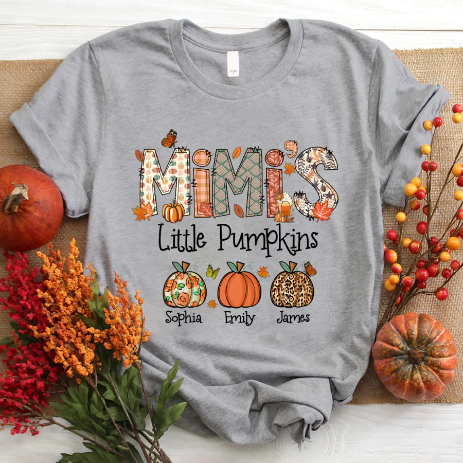 Mimi's Little Pumpkins With Grandkids Names Autumn Leopard T-Shirt