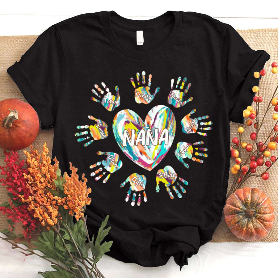 Nana Heart Fall Autumn Color Clipart Grandkids Name T-Shirt