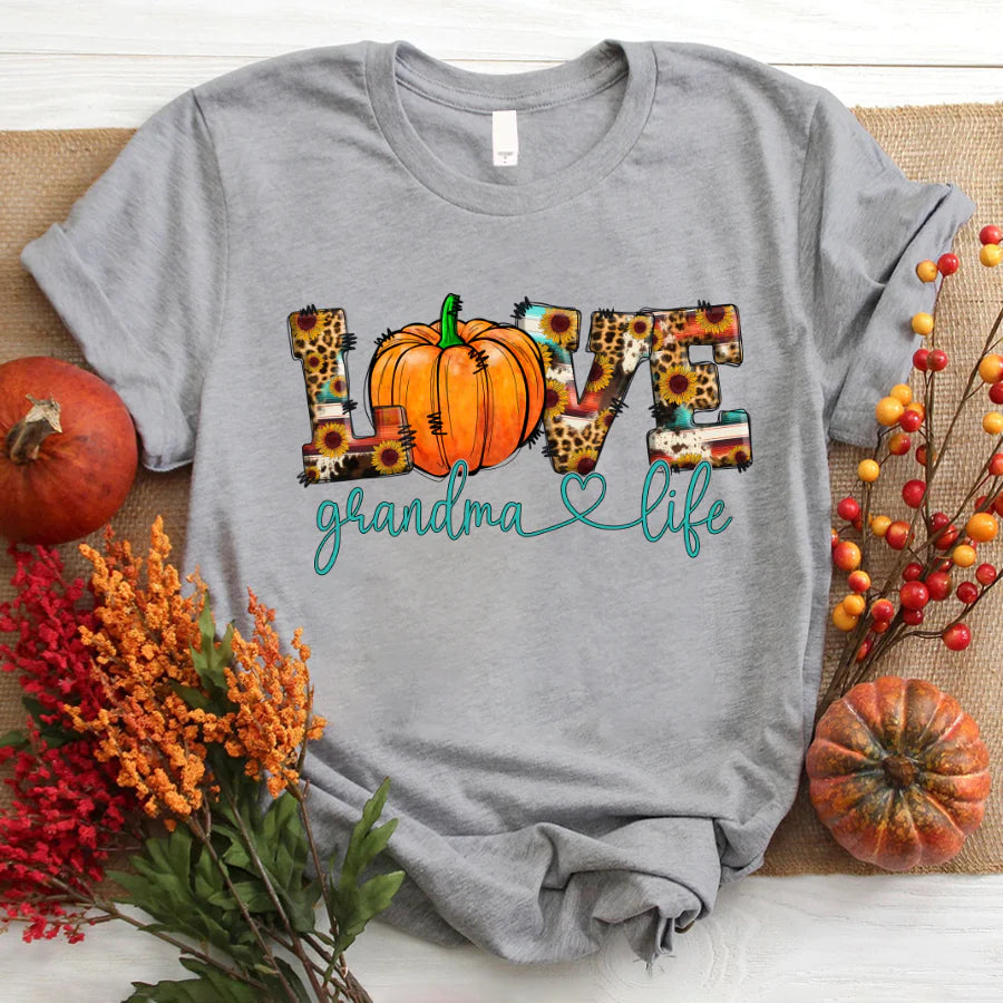Love Grandma Life Fall Season Pumpkin Flower T-Shirt
