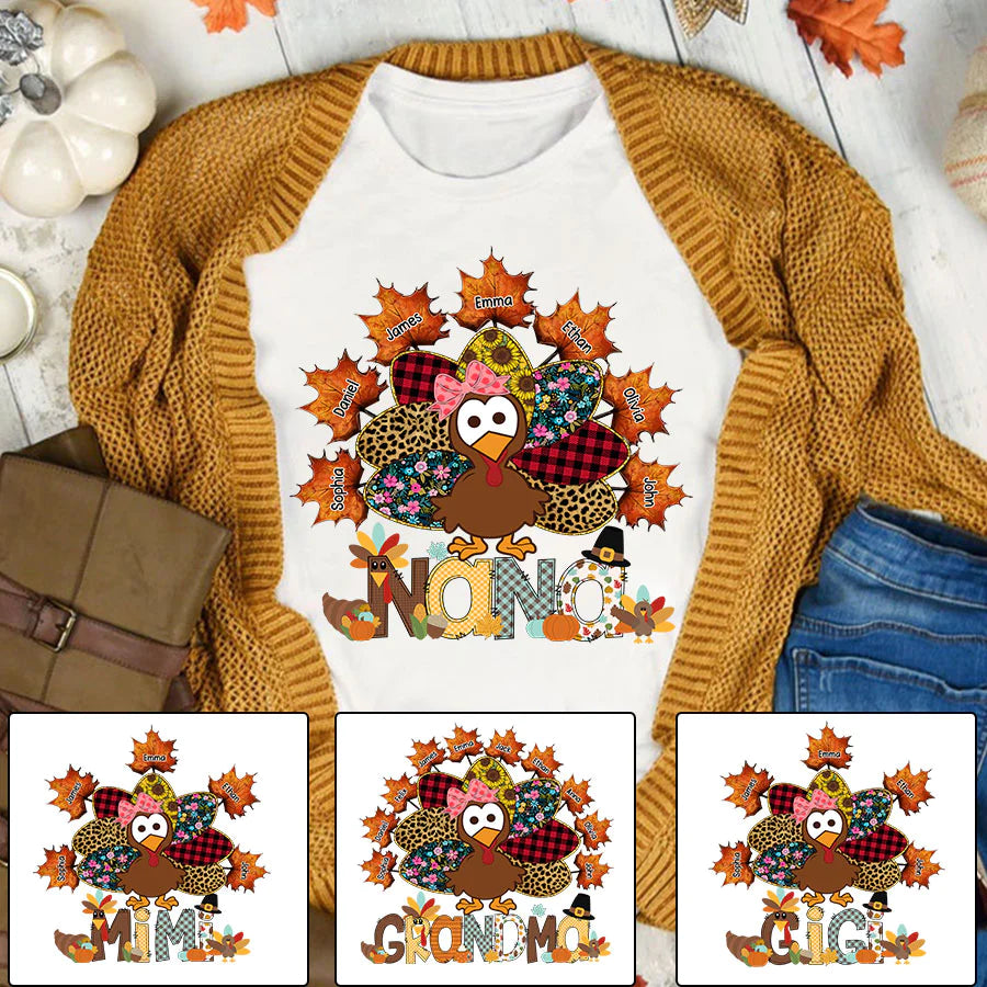 Nana And Grandkids Thanksgiving Autumn Turkey T-Shirt