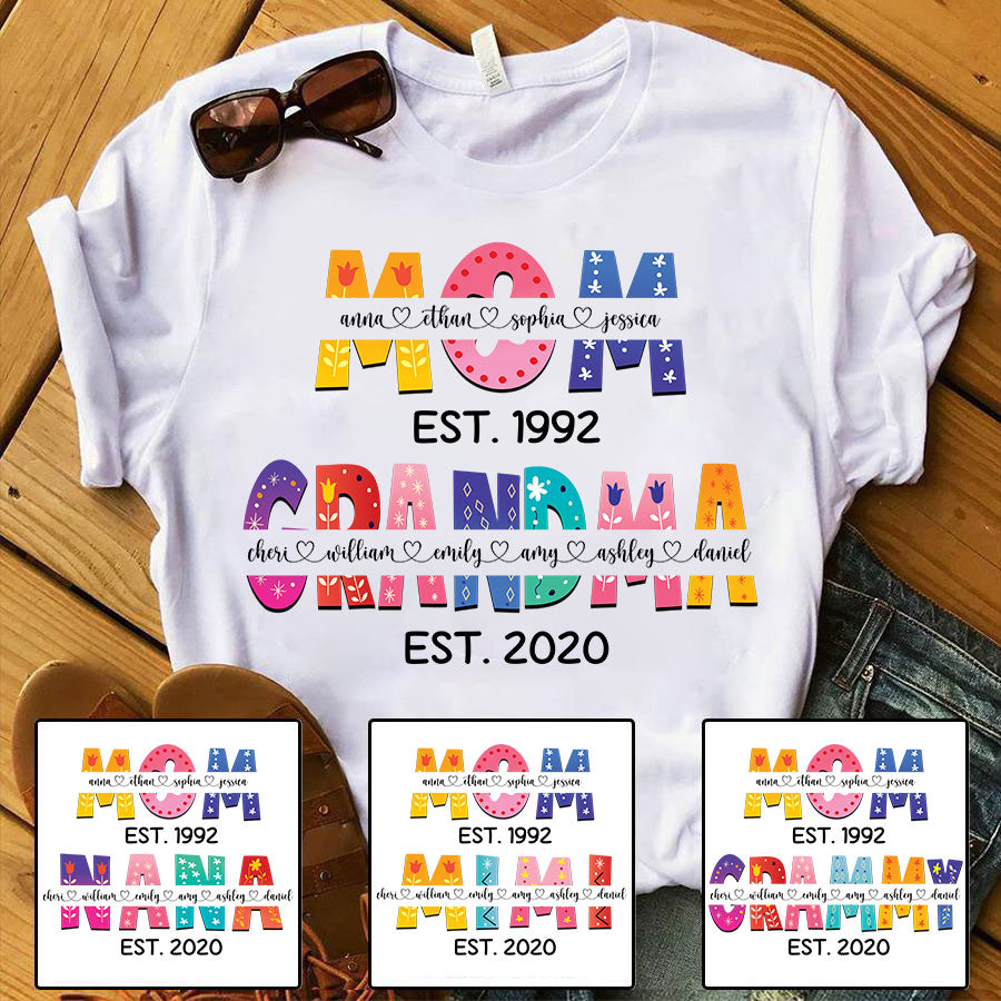 Mom Grandma Est Colorful Pattern Mothers Day T-Shirt