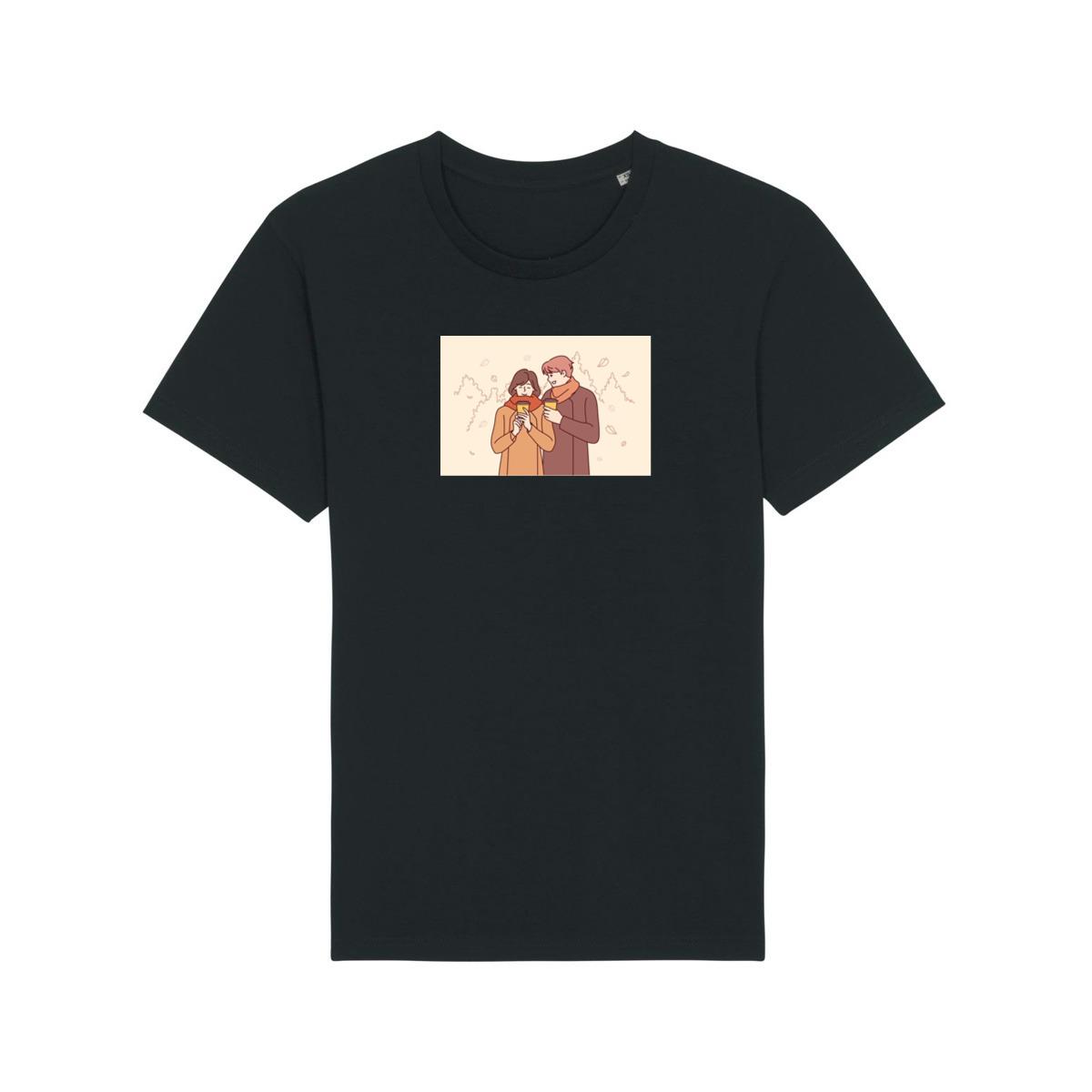 A Couple Enjoying a Cozy Moment Amidst Falling Leaves T-Shirts