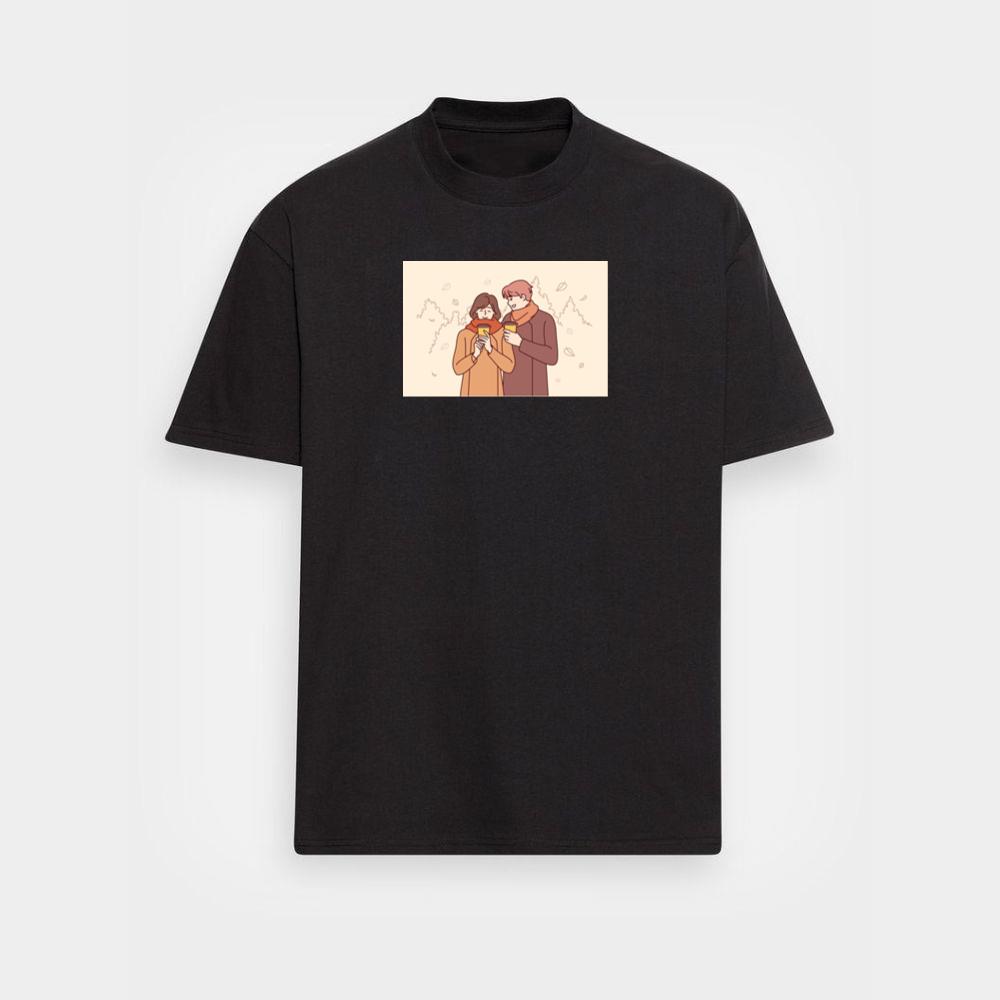 A Couple Enjoying a Cozy Moment Amidst Falling Leaves T-Shirts