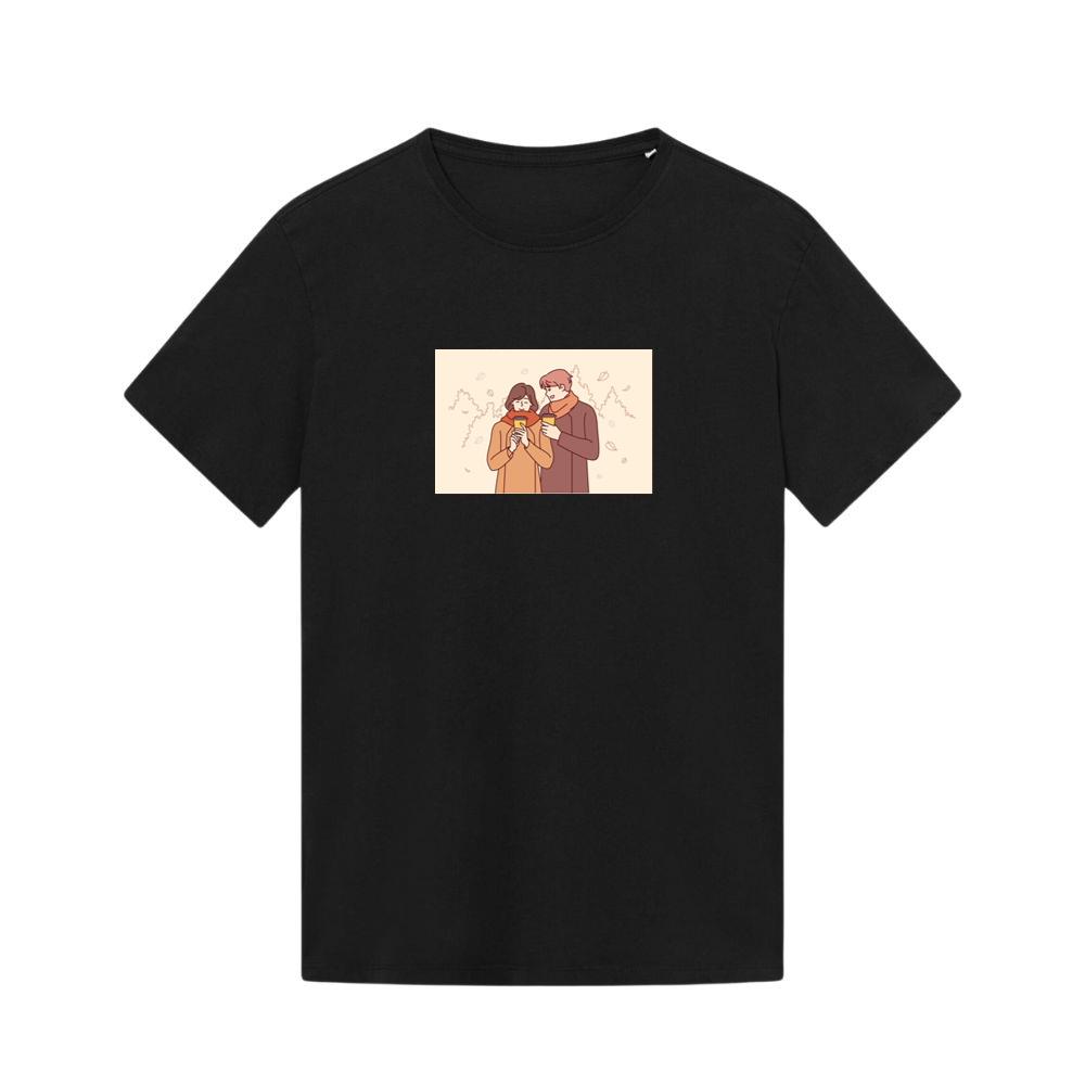 A Couple Enjoying a Cozy Moment Amidst Falling Leaves T-Shirts