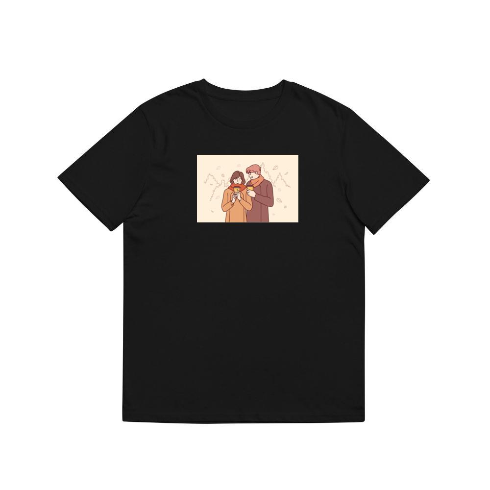 A Couple Enjoying a Cozy Moment Amidst Falling Leaves T-Shirts