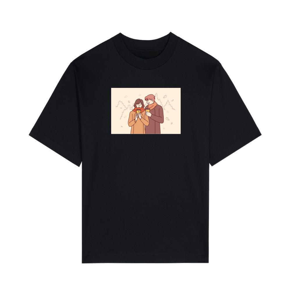 A Couple Enjoying a Cozy Moment Amidst Falling Leaves T-Shirts
