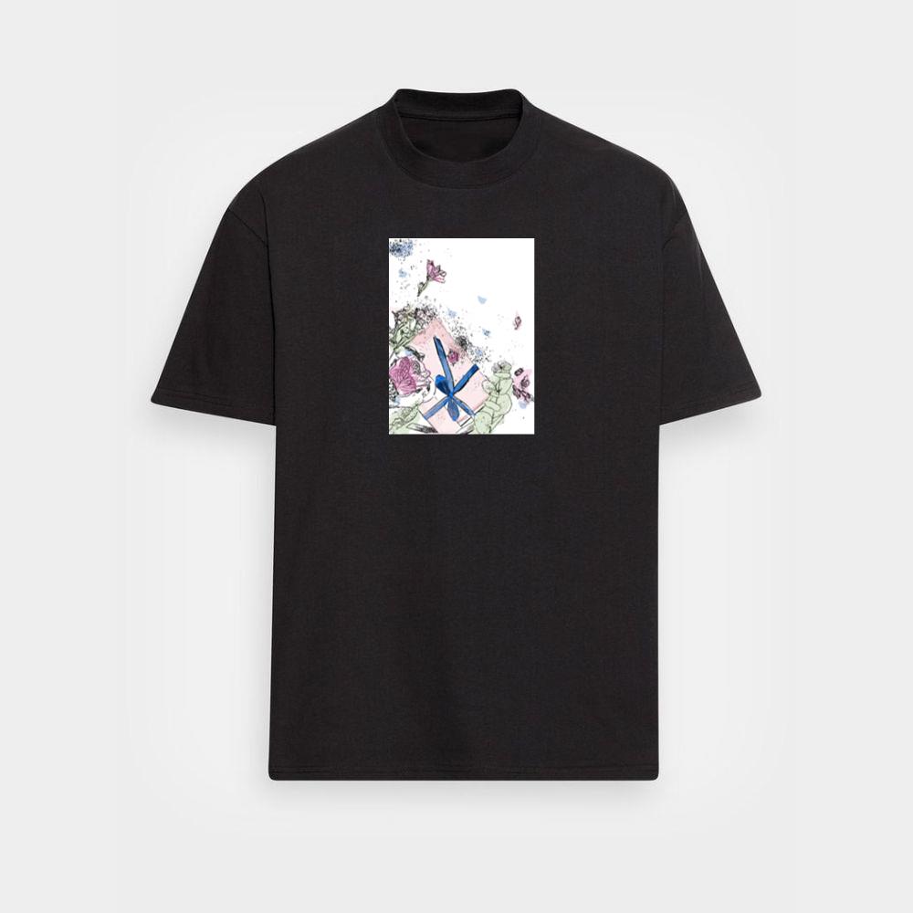 A Gift Box with Flowers and Ink Splatters in Soft Colors T-Shirts