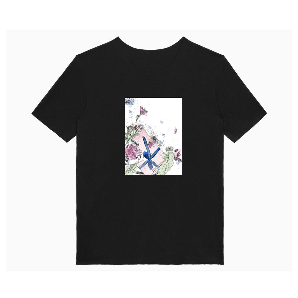 A Gift Box with Flowers and Ink Splatters in Soft Colors T-Shirts
