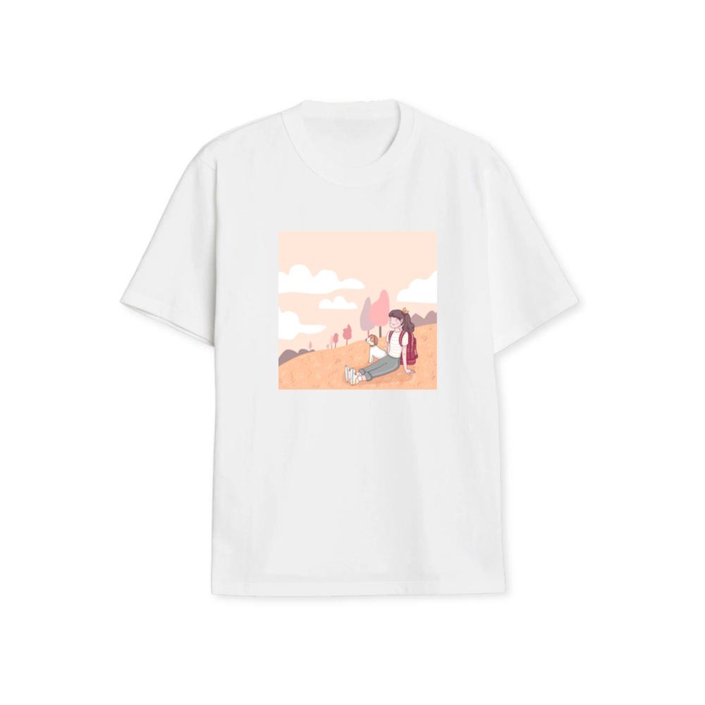 A Girl and Her Dog Pause to Appreciate the Beauty of a Peaceful Hillside T-Shirts