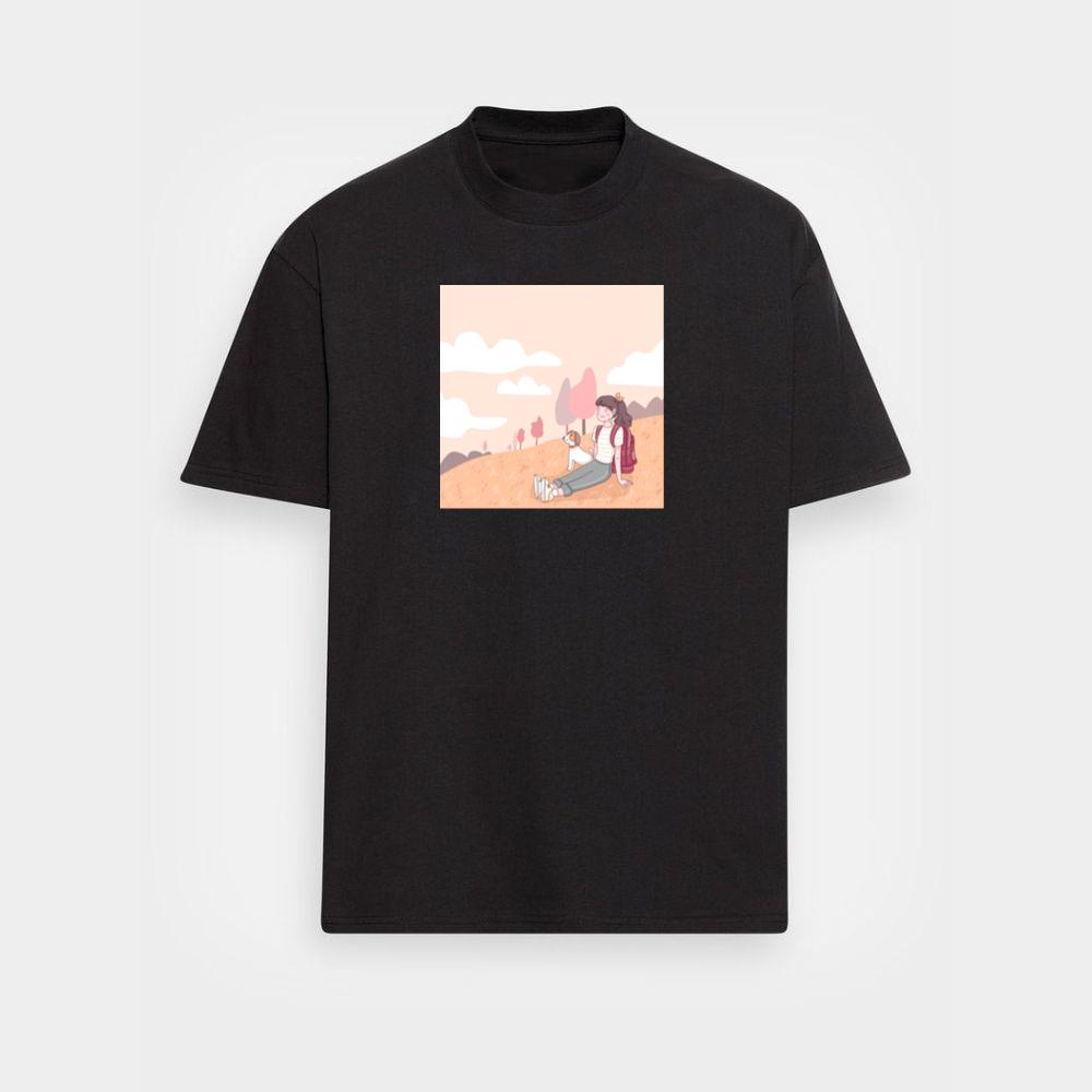 A Girl and Her Dog Pause to Appreciate the Beauty of a Peaceful Hillside T-Shirts
