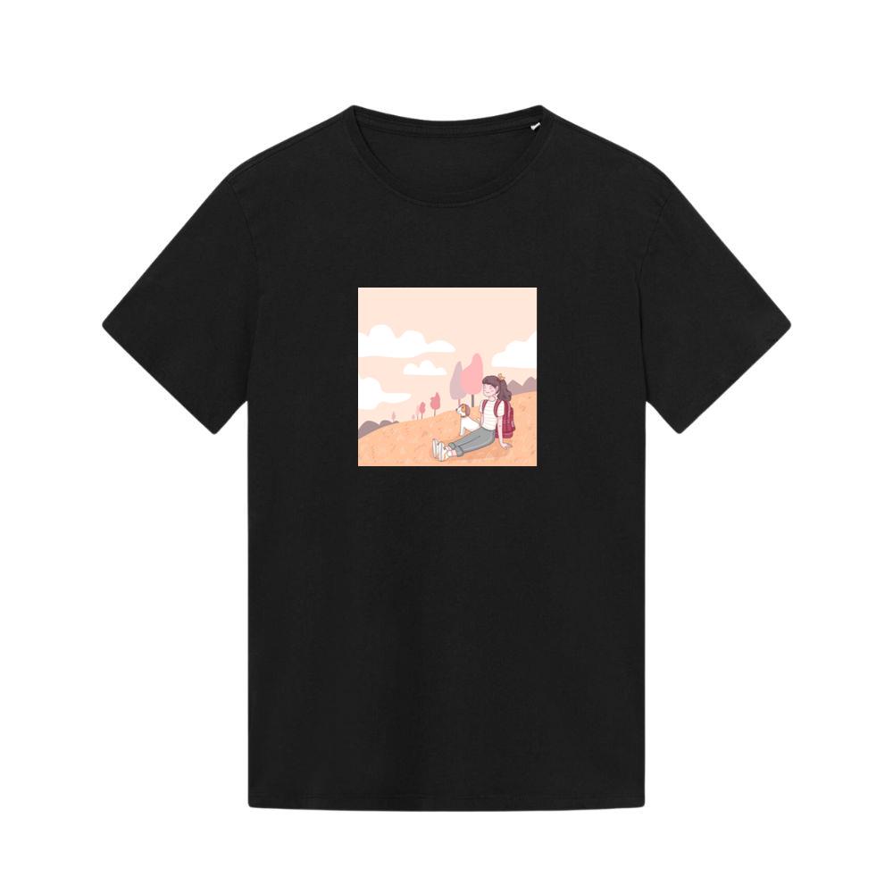 A Girl and Her Dog Pause to Appreciate the Beauty of a Peaceful Hillside T-Shirts
