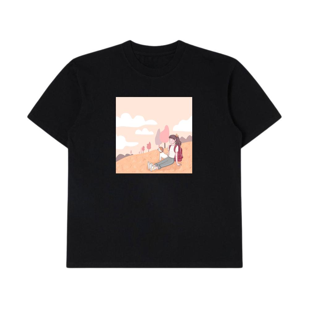 A Girl and Her Dog Pause to Appreciate the Beauty of a Peaceful Hillside T-Shirts