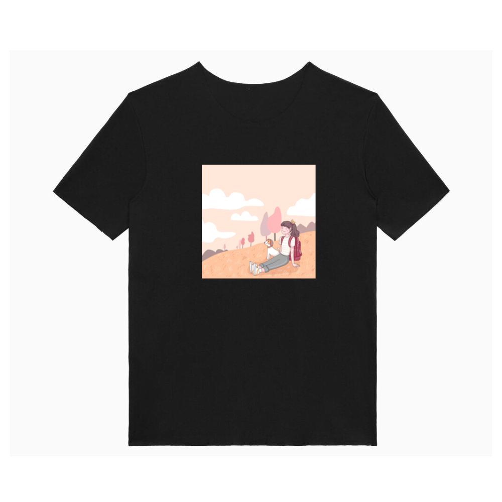 A Girl and Her Dog Pause to Appreciate the Beauty of a Peaceful Hillside T-Shirts