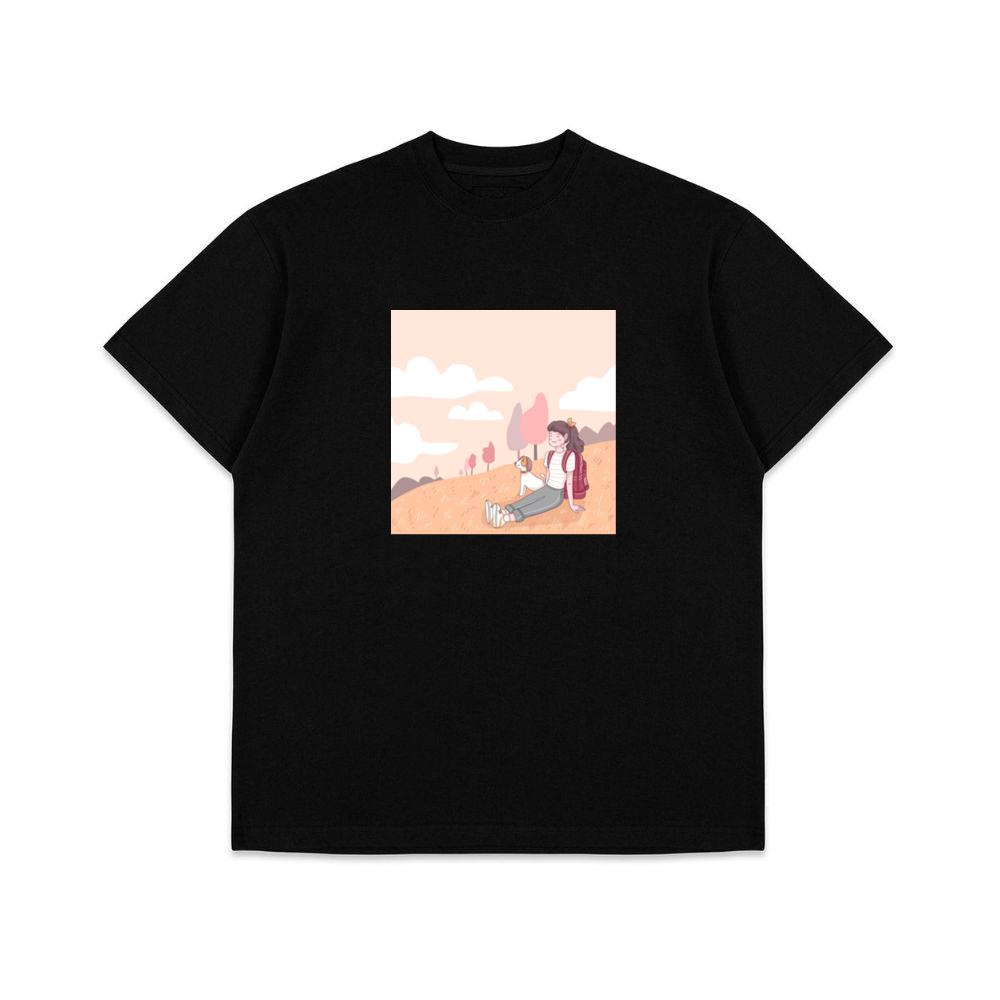 A Girl and Her Dog Pause to Appreciate the Beauty of a Peaceful Hillside T-Shirts
