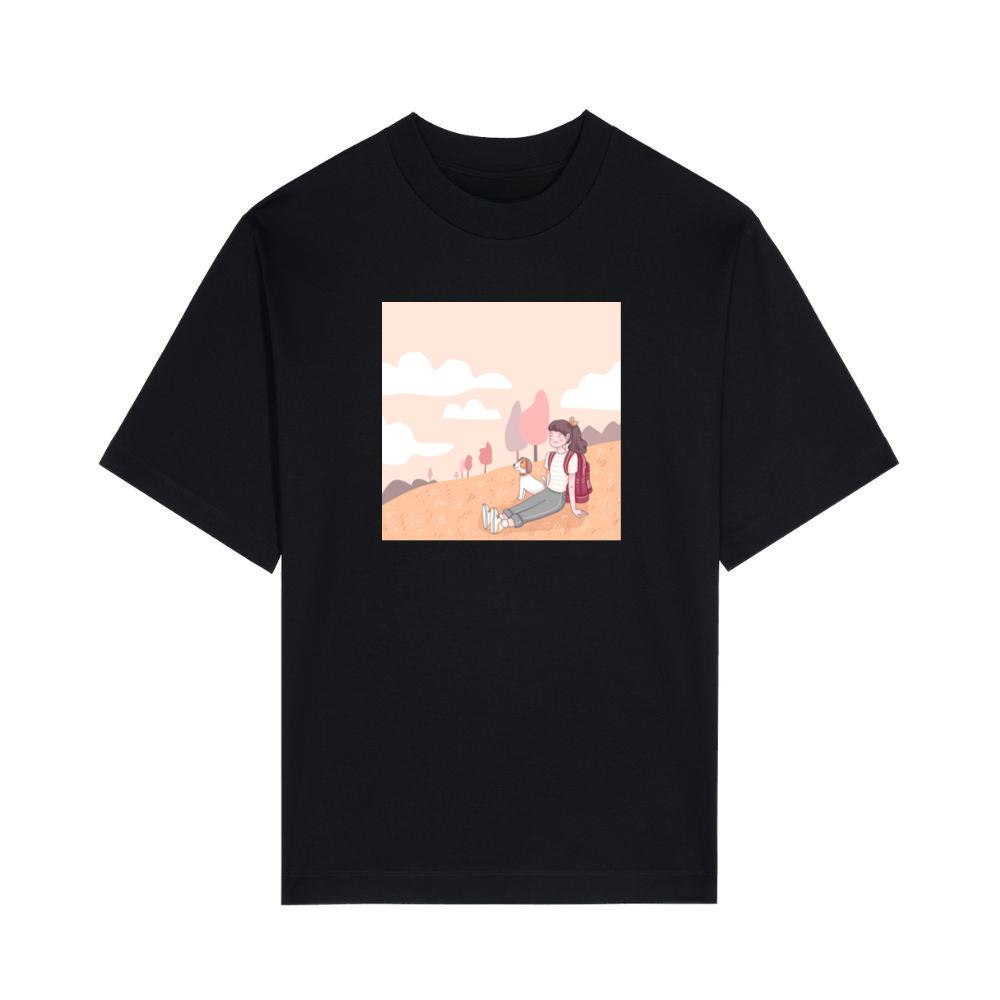 A Girl and Her Dog Pause to Appreciate the Beauty of a Peaceful Hillside T-Shirts