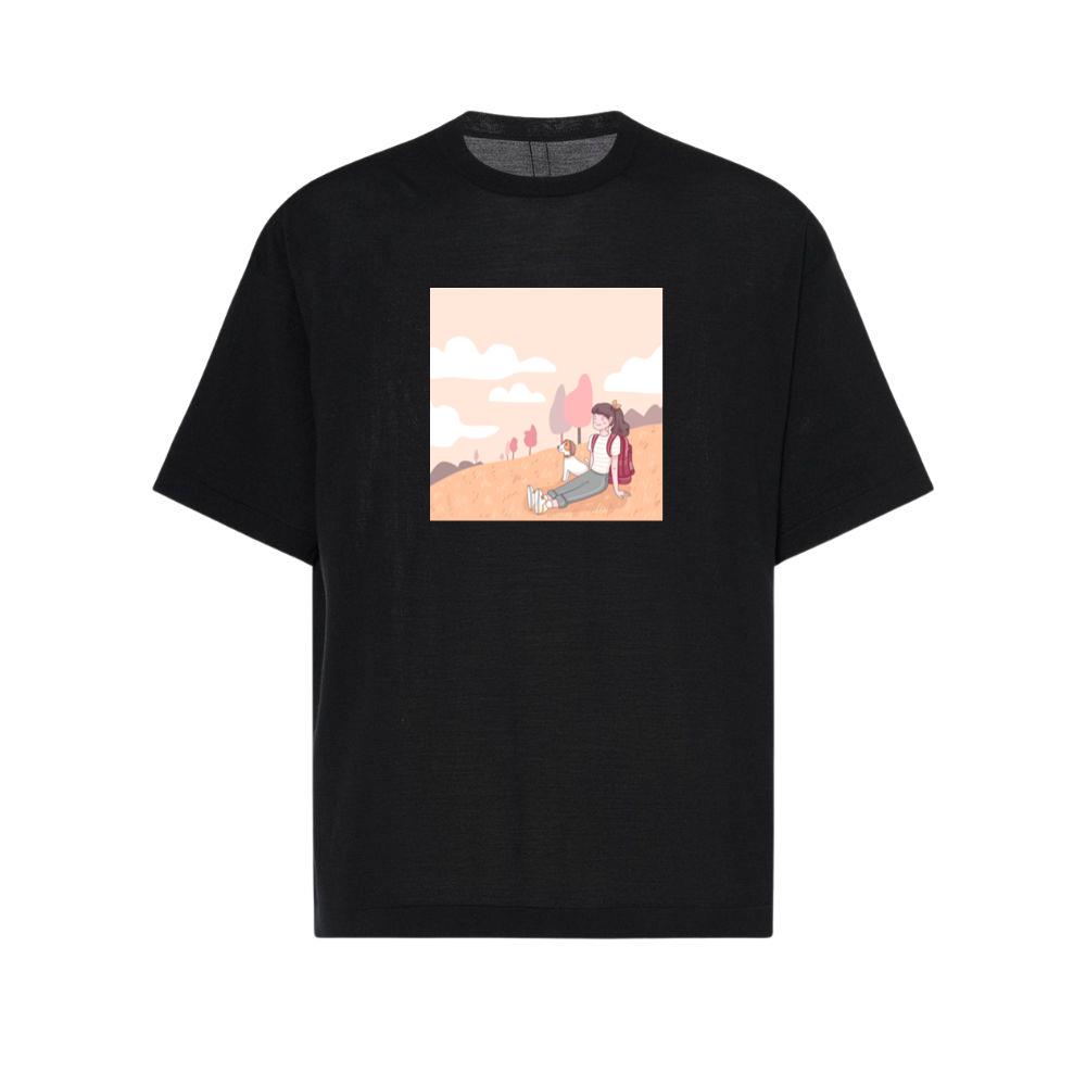 A Girl and Her Dog Pause to Appreciate the Beauty of a Peaceful Hillside T-Shirts