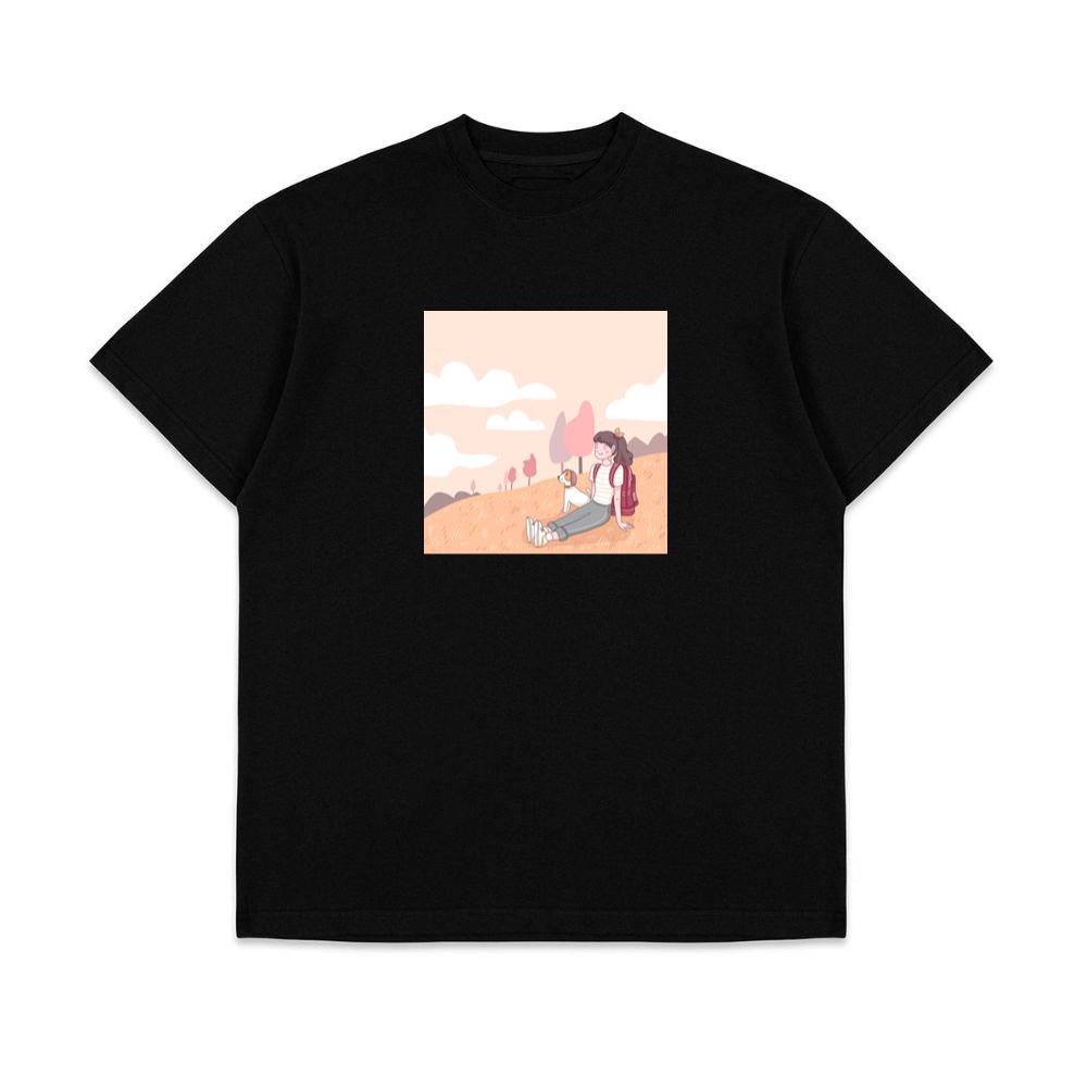 A Girl and Her Dog Pause to Appreciate the Beauty of a Peaceful Hillside T-Shirts