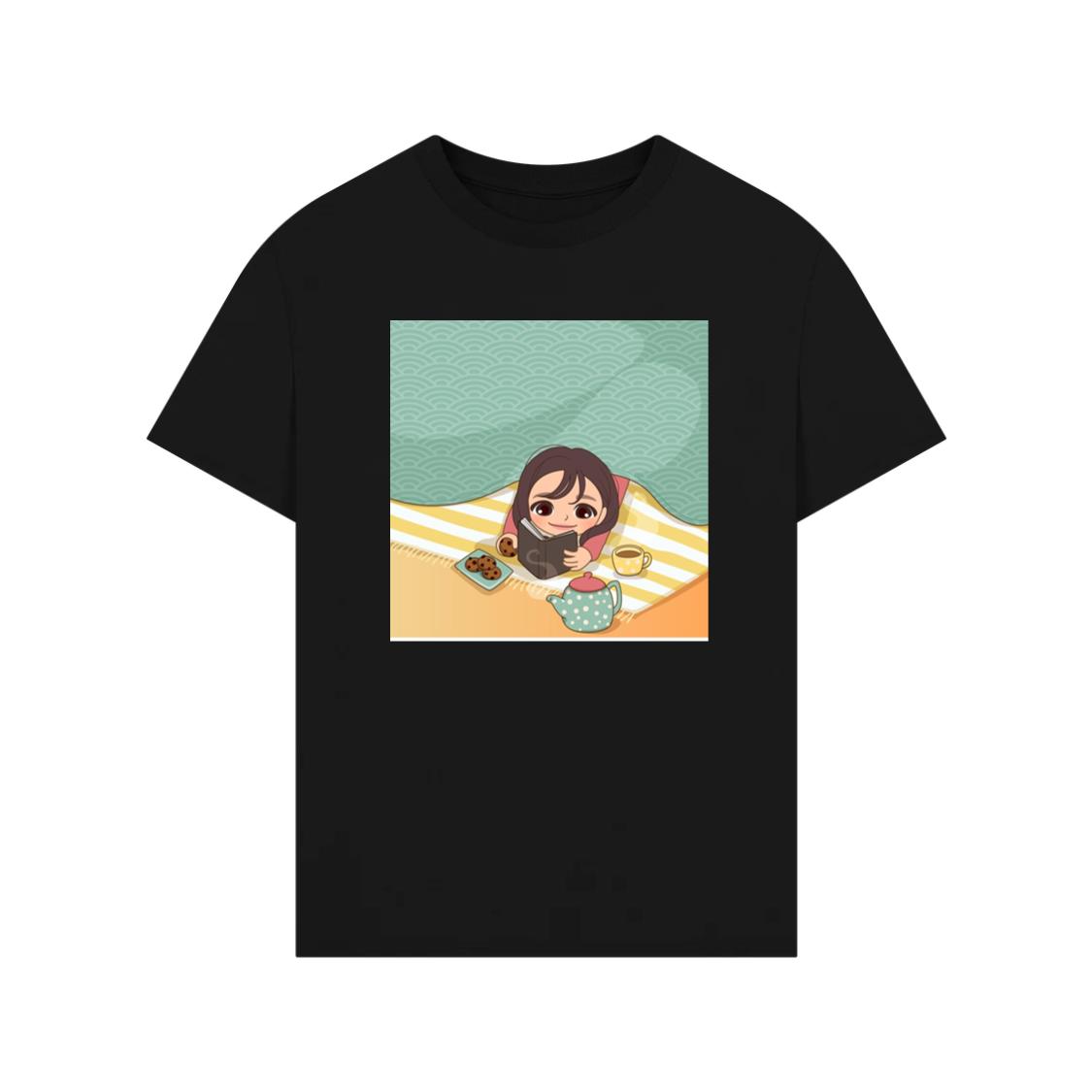 A Girl Enjoys a Story with Tea and Cookies in a Cozy Space T-Shirt
