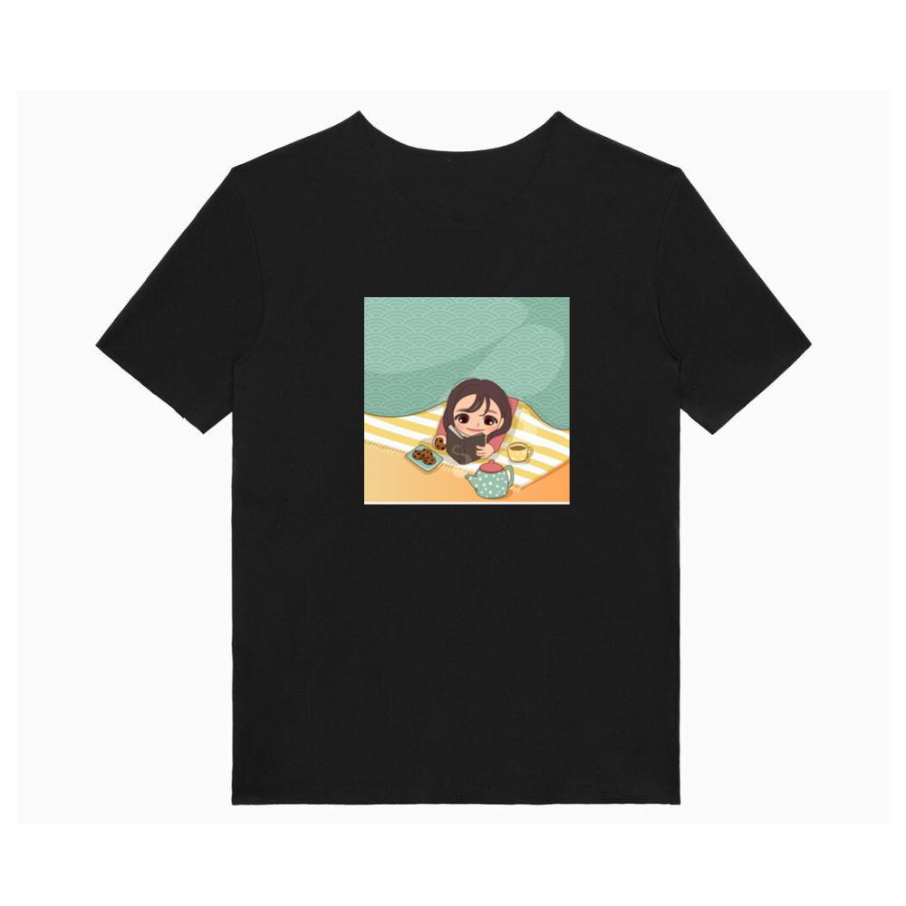 A Girl Enjoys a Story with Tea and Cookies in a Cozy Space T-Shirts