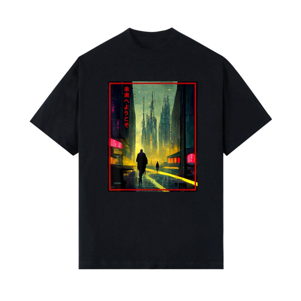 A Man Walks Cyberpunk City Japanese Text Futuristic costume T-Shirt 