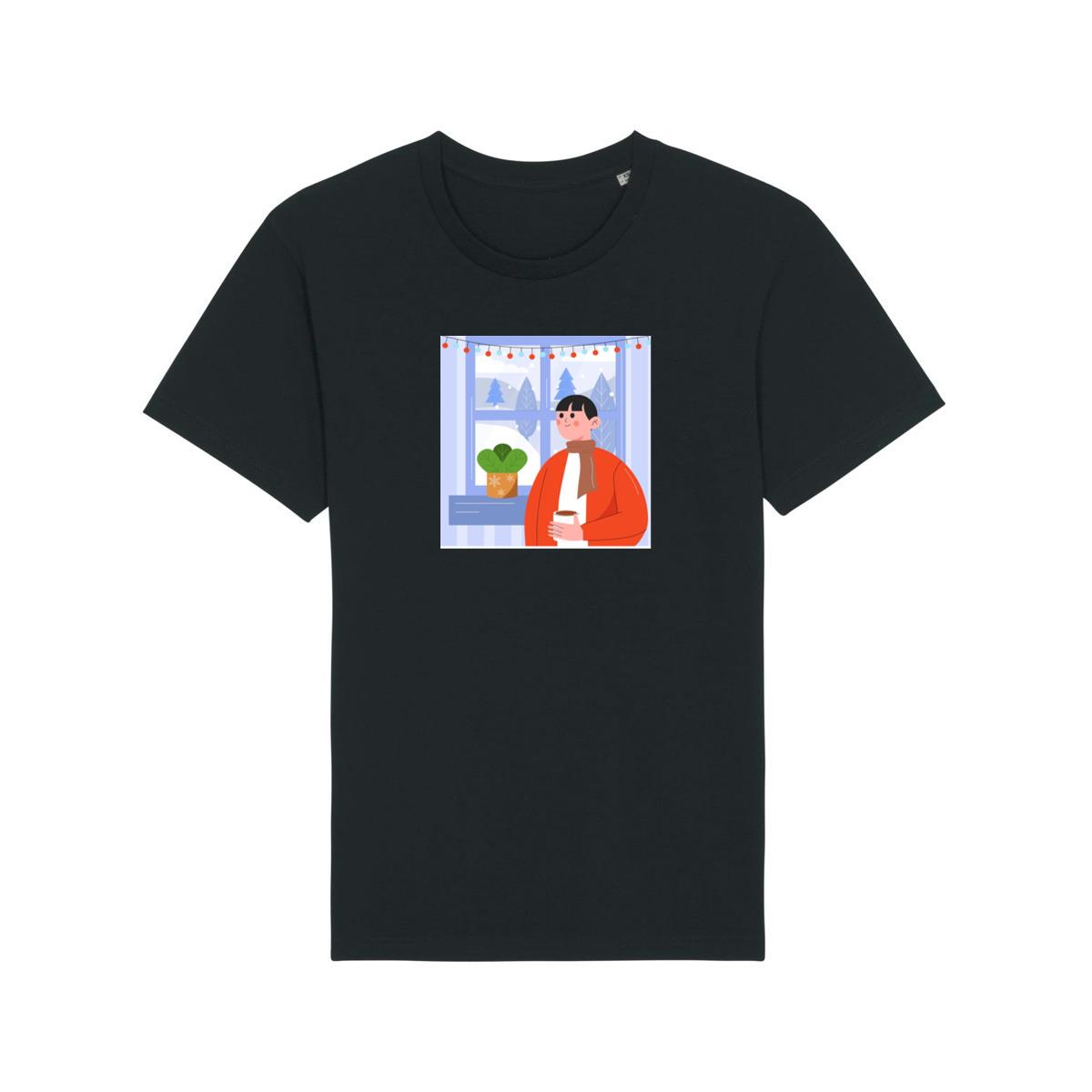 A Person Enjoys a Drink by a Window with a Snowy View and Festive Lights T-Shirts