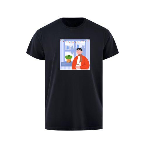 A Person Enjoys a Drink by a Window with a Snowy View and Festive Lights T-Shirts