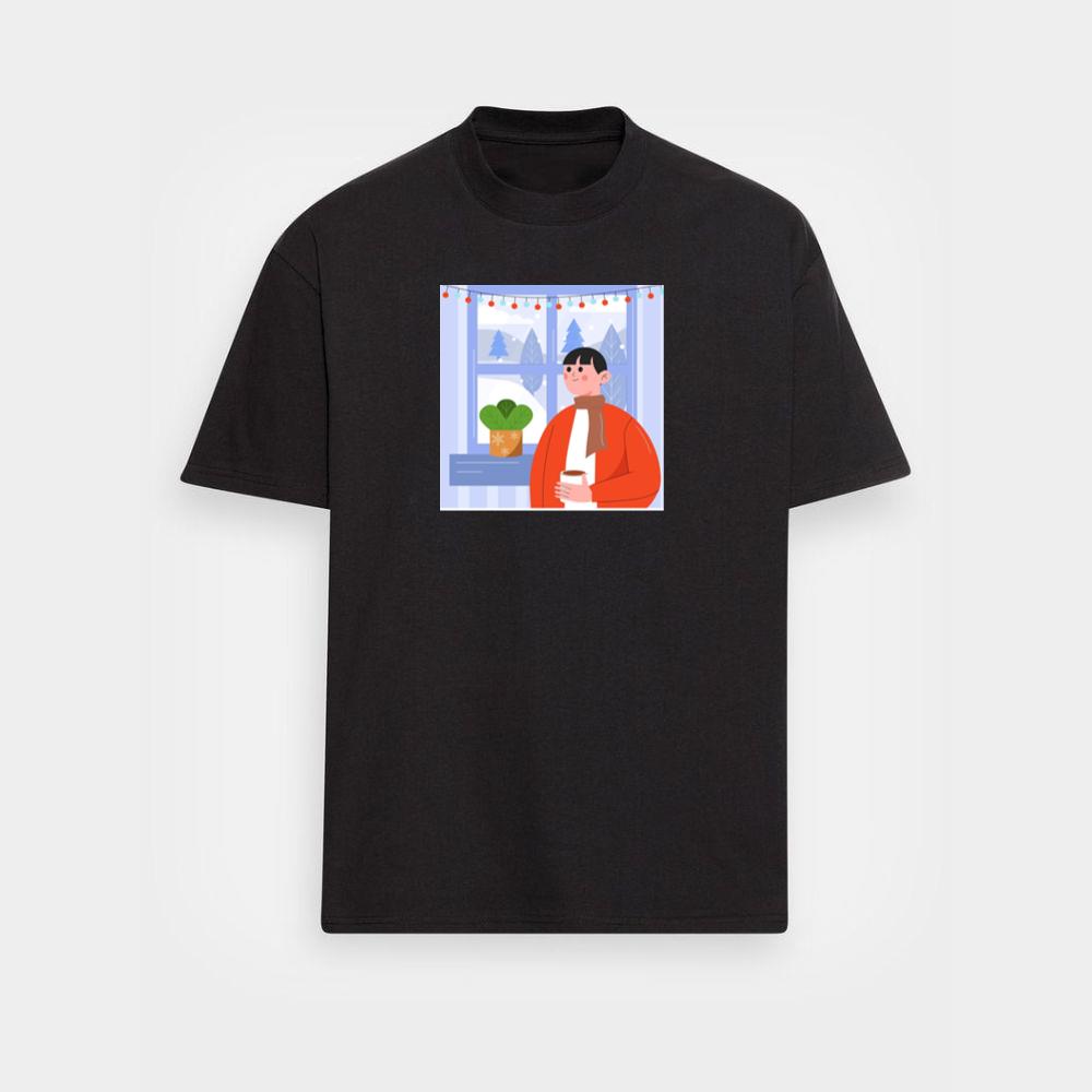A Person Enjoys a Drink by a Window with a Snowy View and Festive Lights T-Shirts