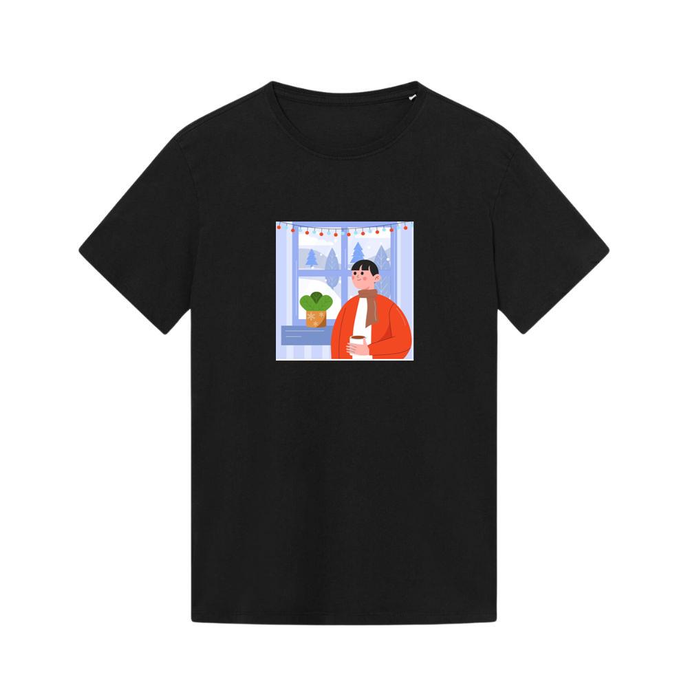 A Person Enjoys a Drink by a Window with a Snowy View and Festive Lights T-Shirts
