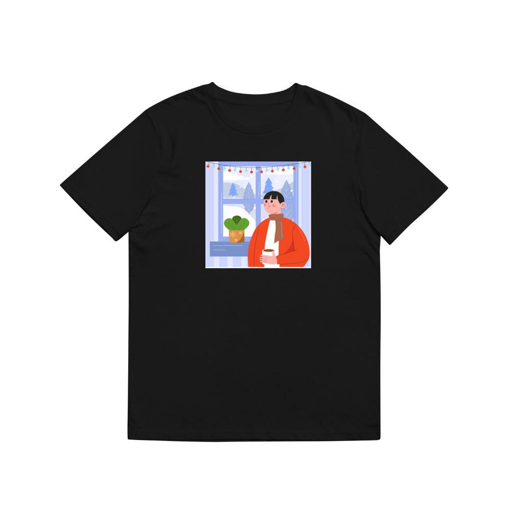A Person Enjoys a Drink by a Window with a Snowy View and Festive Lights T-Shirts