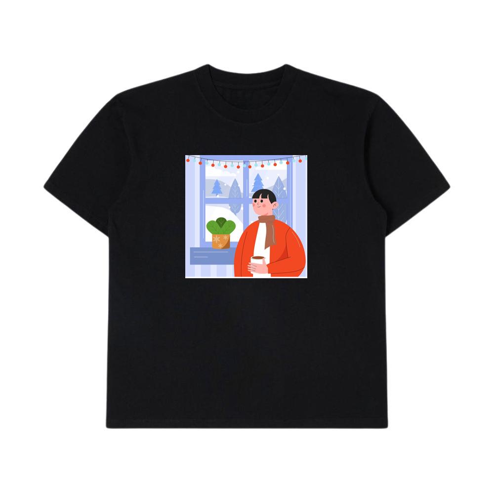 A Person Enjoys a Drink by a Window with a Snowy View and Festive Lights T-Shirts