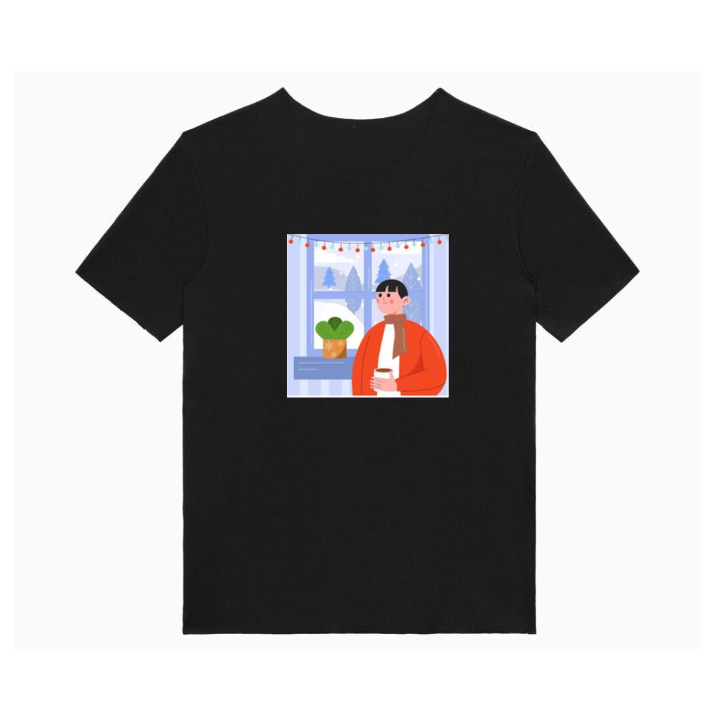 A Person Enjoys a Drink by a Window with a Snowy View and Festive Lights T-Shirts
