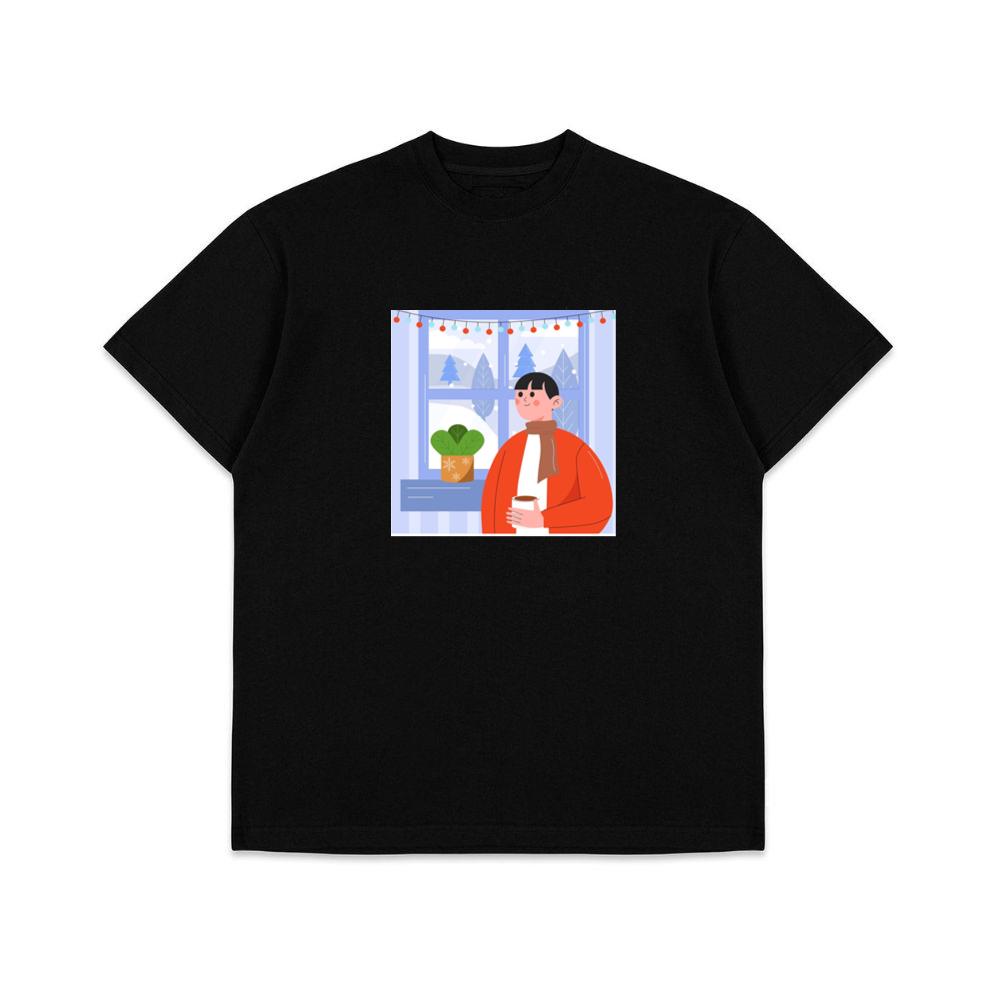 A Person Enjoys a Drink by a Window with a Snowy View and Festive Lights T-Shirts