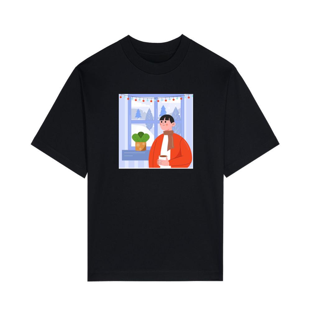 A Person Enjoys a Drink by a Window with a Snowy View and Festive Lights T-Shirts