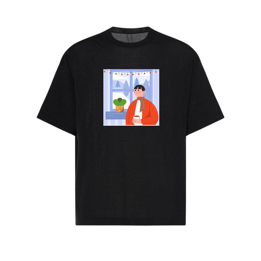 A Person Enjoys a Drink by a Window with a Snowy View and Festive Lights T-Shirts